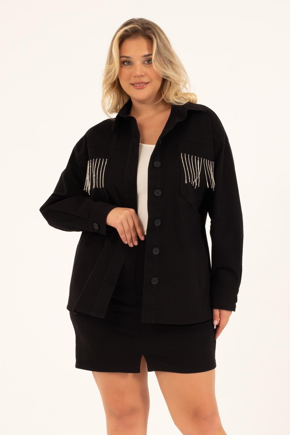 Myline-Cep Detaylı Zincirli İnce Ceket-Büyük Beden Ceket-118449