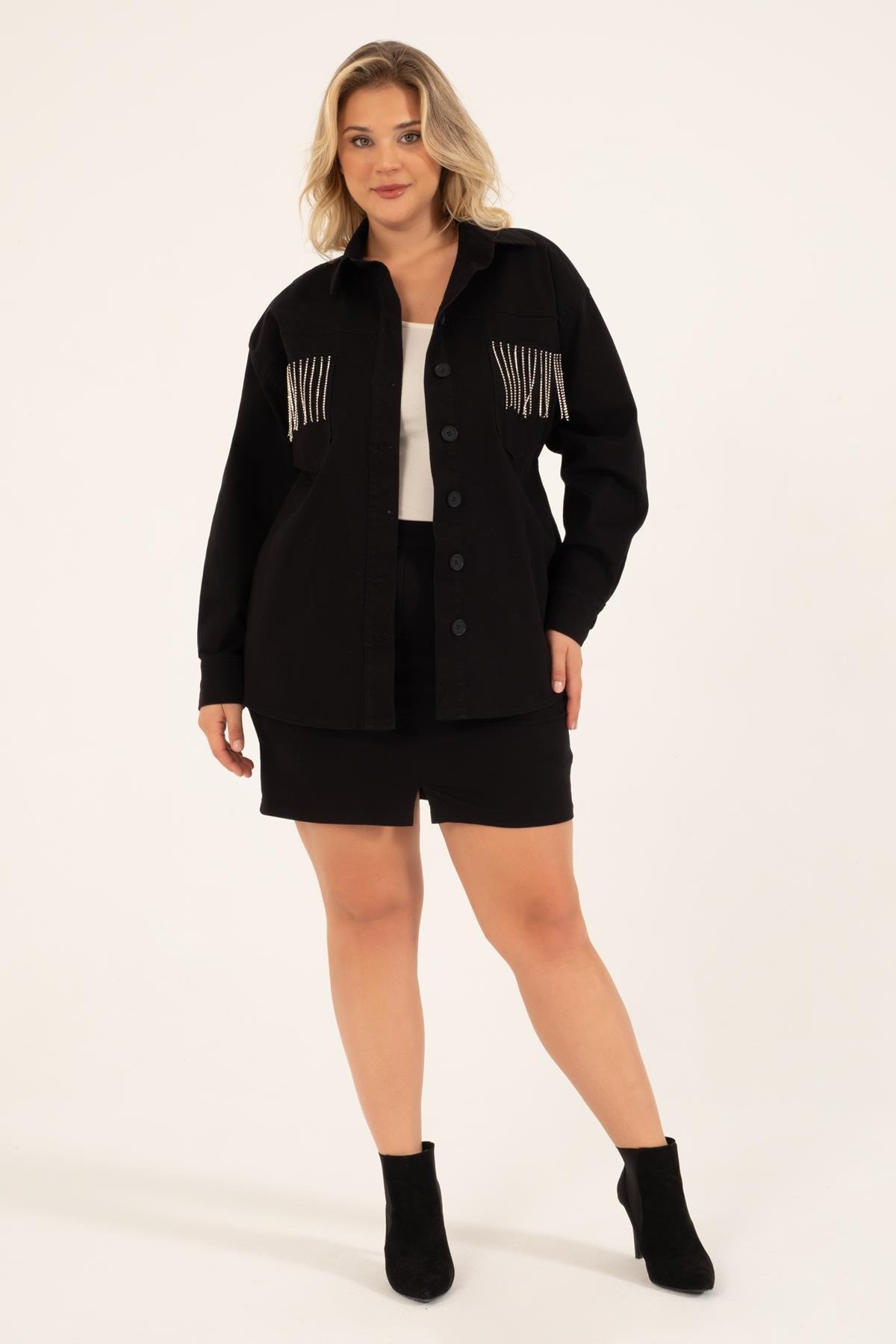 Myline-Cep Detaylı Zincirli İnce Ceket-Büyük Beden Ceket-118449