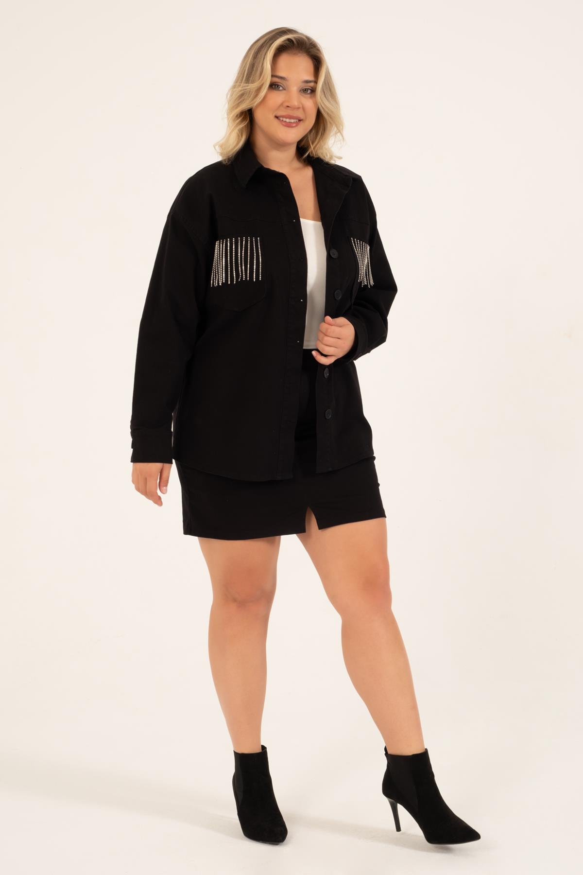 Myline-Cep Detaylı Zincirli İnce Ceket-Büyük Beden Ceket-118449