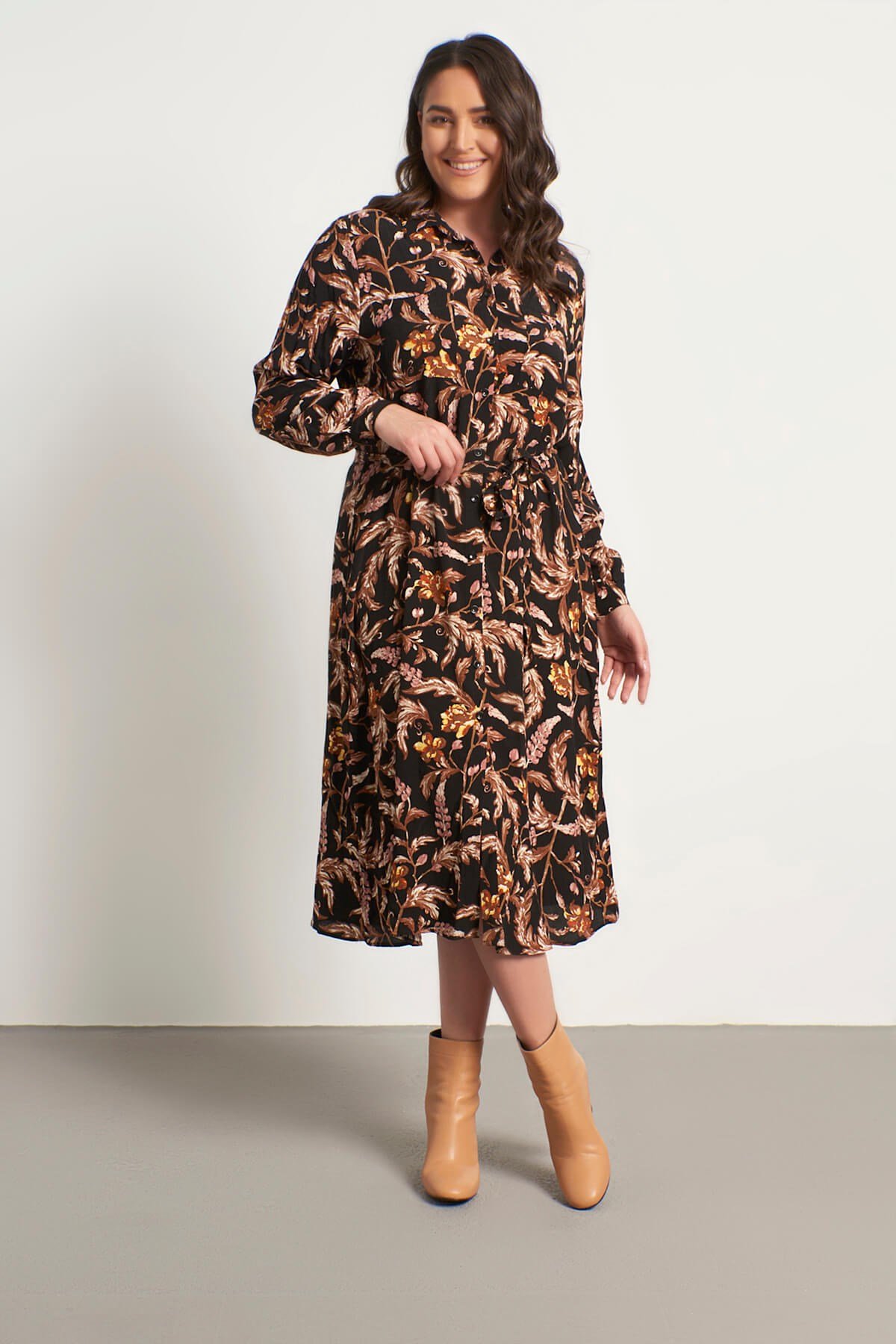 Myline-Cepli Kuşaklı Gömlek Elbise-Büyük Beden Günlük Elbiseler-56111