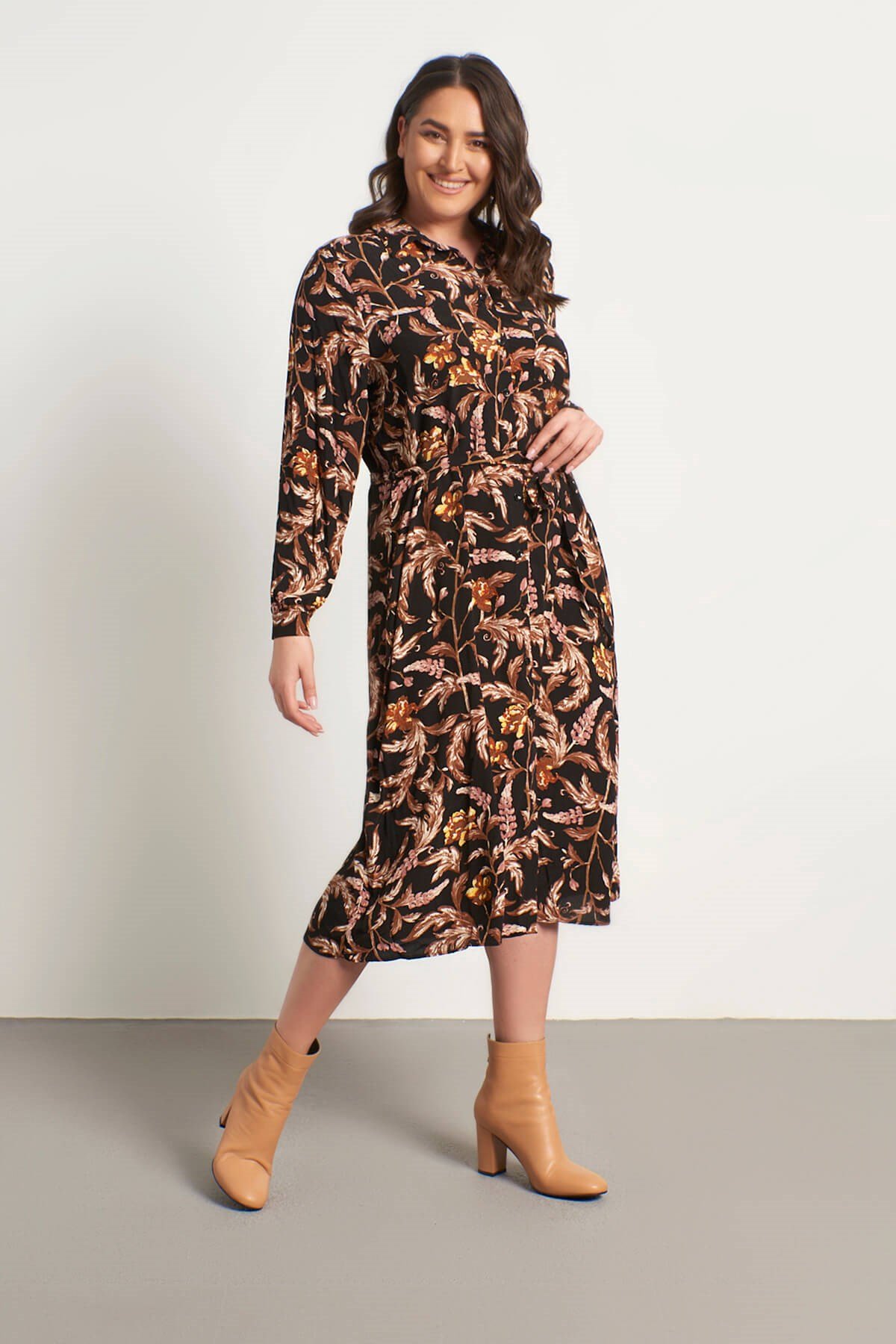 Myline-Cepli Kuşaklı Gömlek Elbise-Büyük Beden Günlük Elbiseler-56111