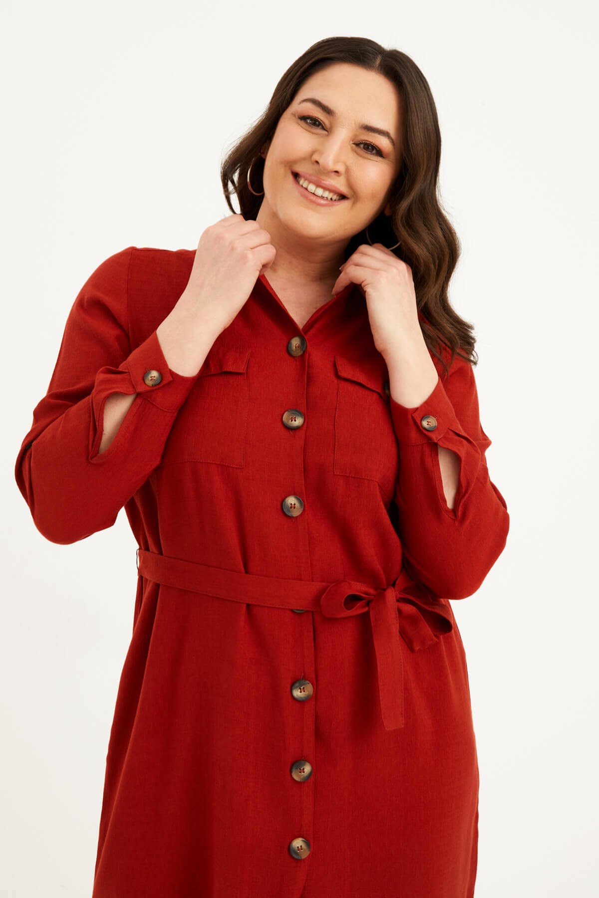 Myline-Cepli Kuşaklı Jakarlı Elbise-Büyük Beden Günlük Elbiseler-45457