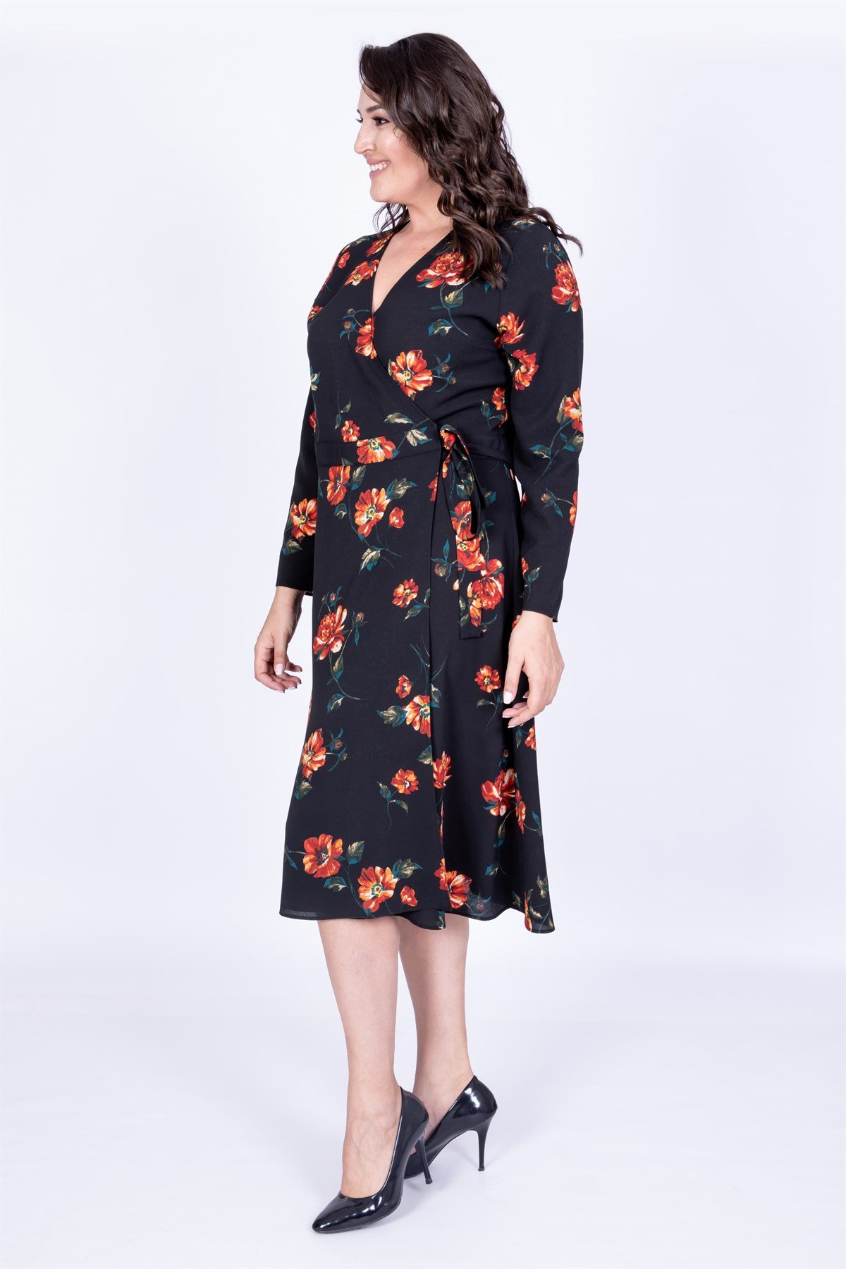 Myline-Çiçek Desenli Anvelop Elbise-Büyük Beden Günlük Elbiseler-35054