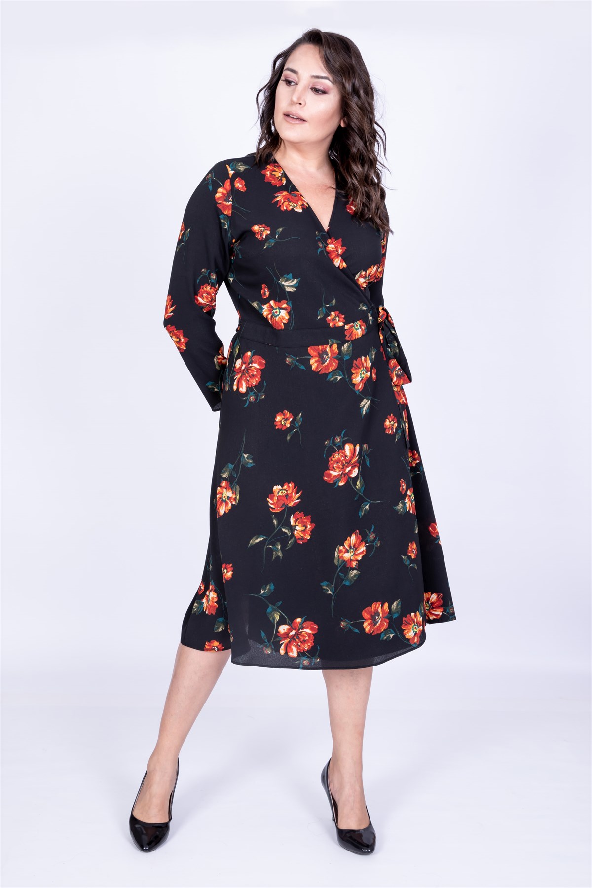 Myline-Çiçek Desenli Anvelop Elbise-Büyük Beden Günlük Elbiseler-35054