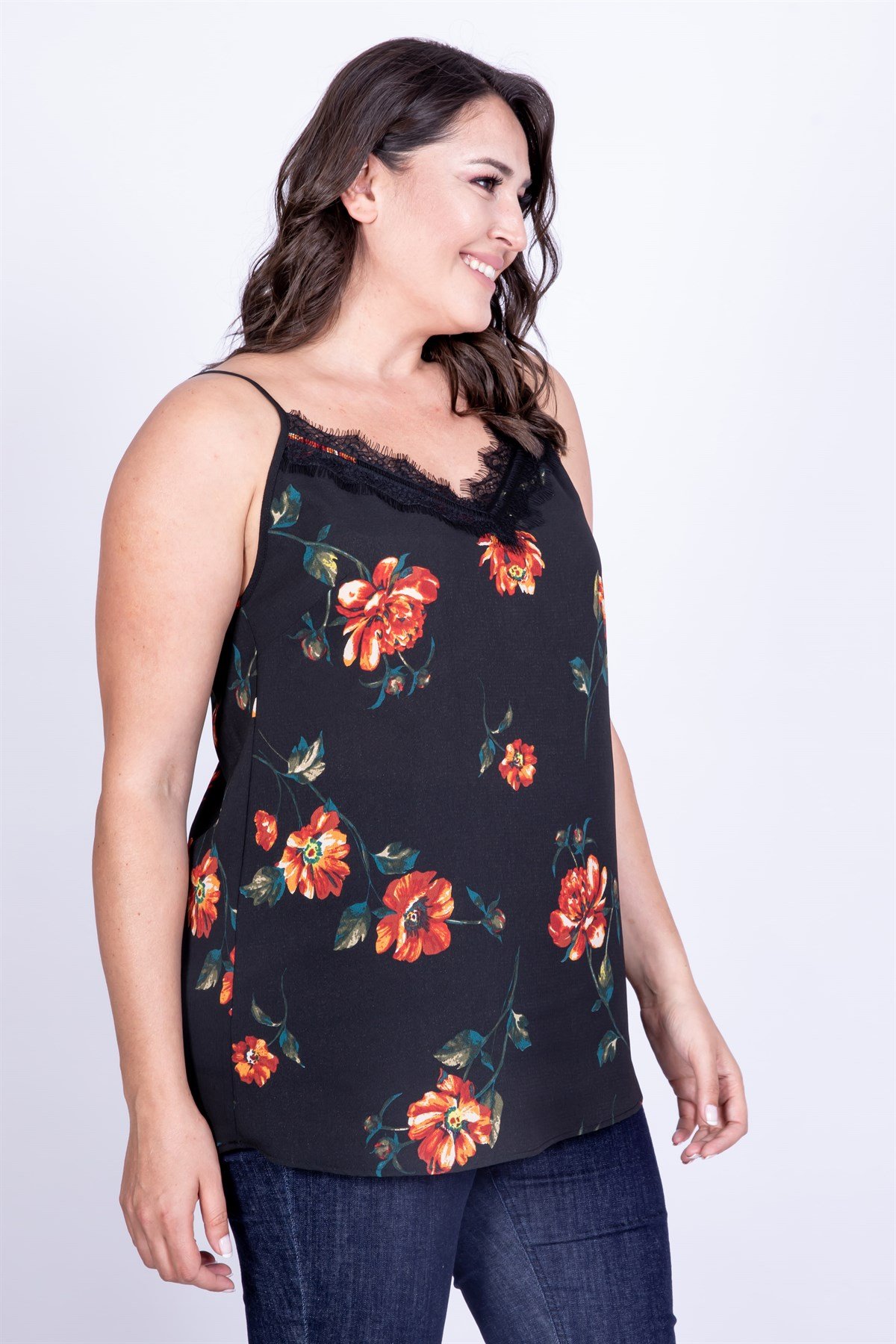 Myline-Çiçekli İp Askılı Dantelli Bluz-Büyük Beden Bluz-35036