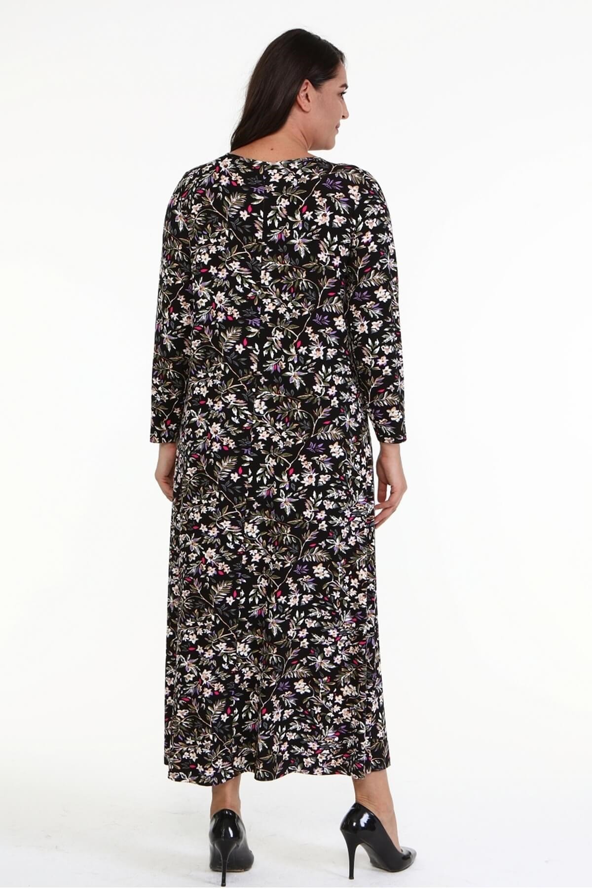 Myline-Çiçekli Penye Elbise-Büyük Beden Günlük Elbiseler-66998