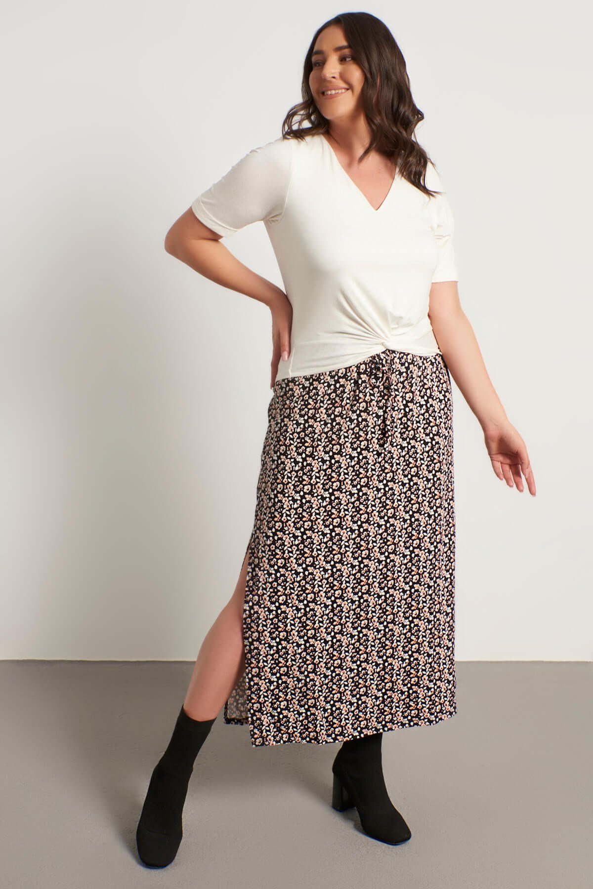 Myline-Çiçekli Uzun Penye Etek-Büyük Beden Etek-12459-m