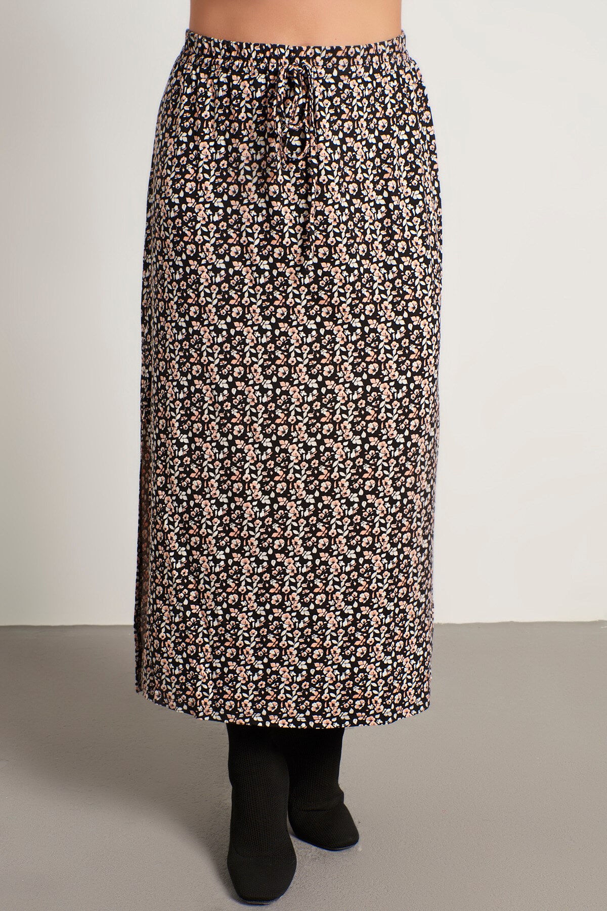 Myline-Çiçekli Uzun Penye Etek-Büyük Beden Etek-12459-m