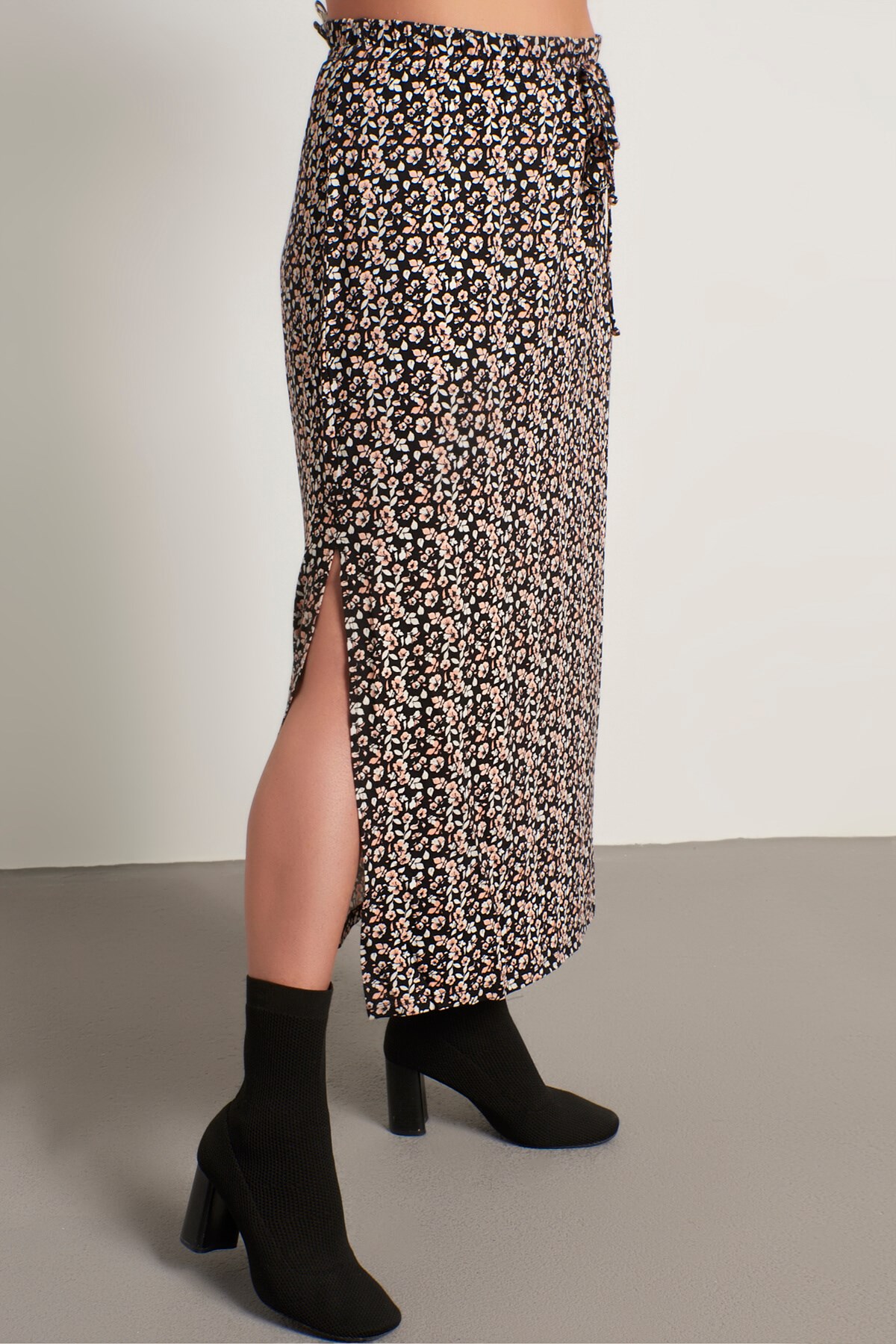 Myline-Çiçekli Uzun Penye Etek-Büyük Beden Etek-12459-m