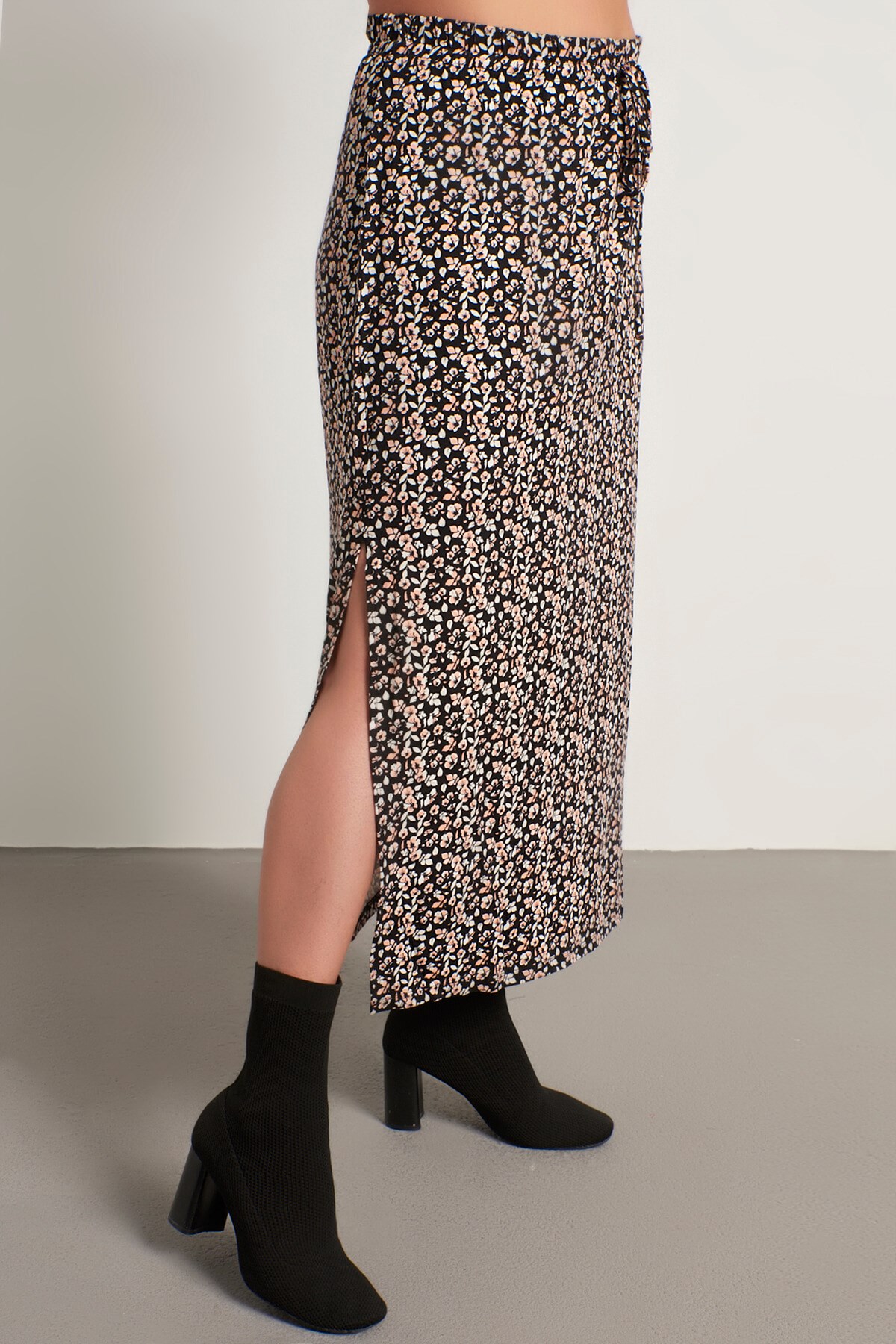 Myline-Çiçekli Uzun Penye Etek-Büyük Beden Etek-12459-m