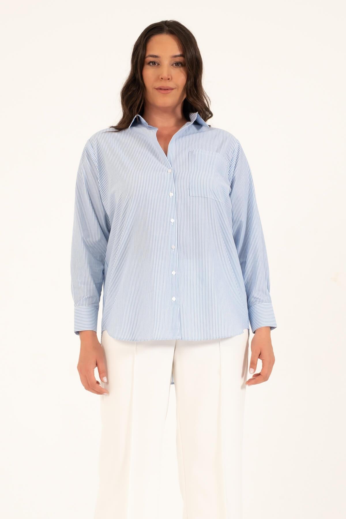 Myline-Çizgili Oversize Gömlek-Büyük Beden Gömlek-128730