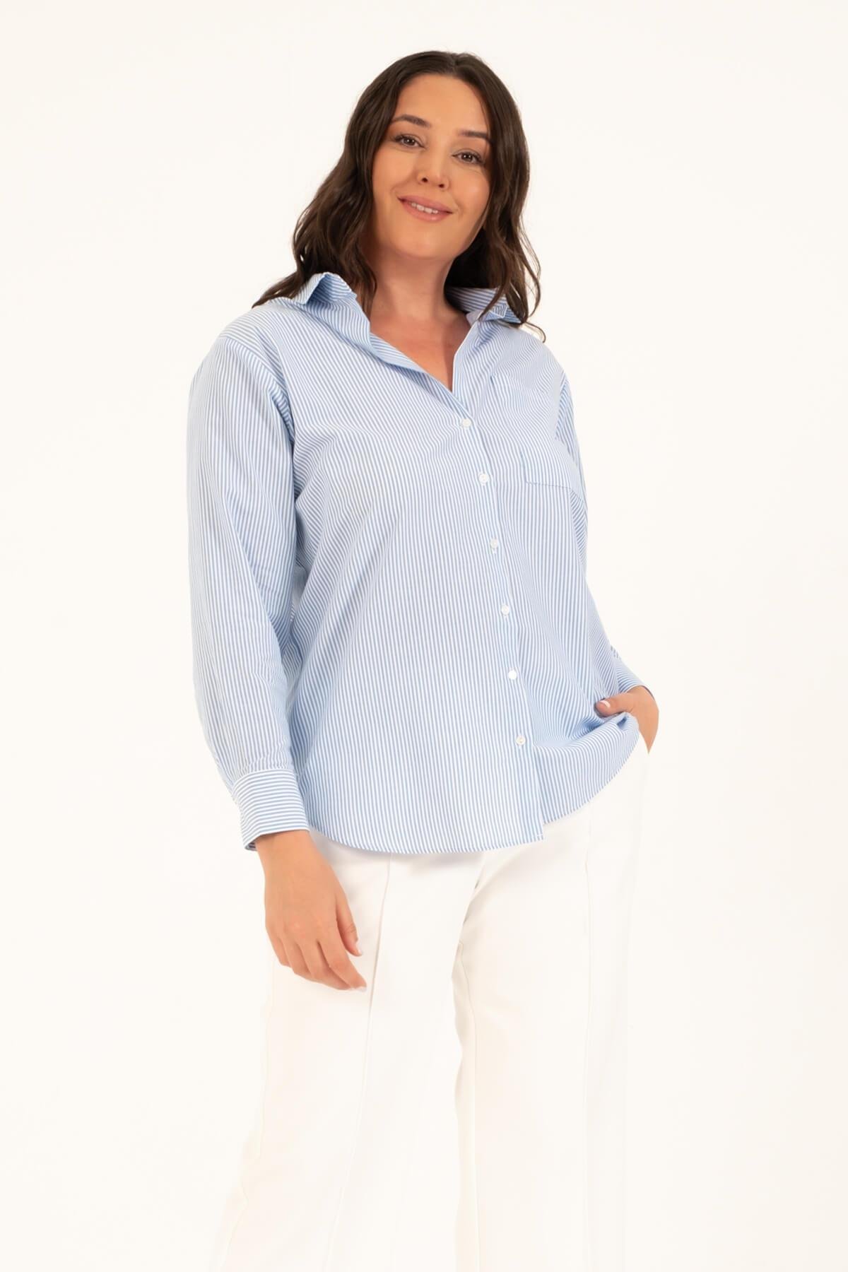 Myline-Çizgili Oversize Gömlek-Büyük Beden Gömlek-128730