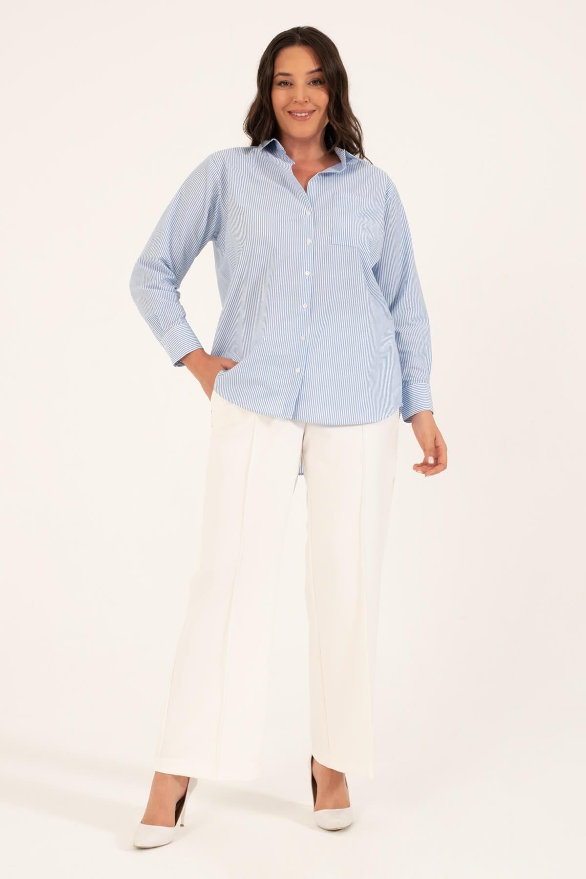 Myline-Çizgili Oversize Gömlek-Büyük Beden Gömlek-128730