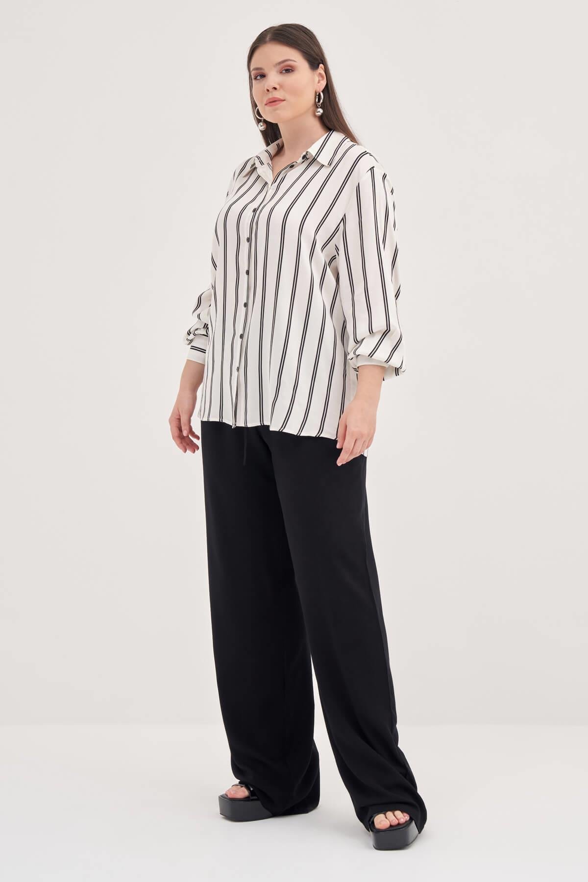 Myline-Çizgili Uzun Kollu Gömlek -Büyük Beden Gömlek-128823