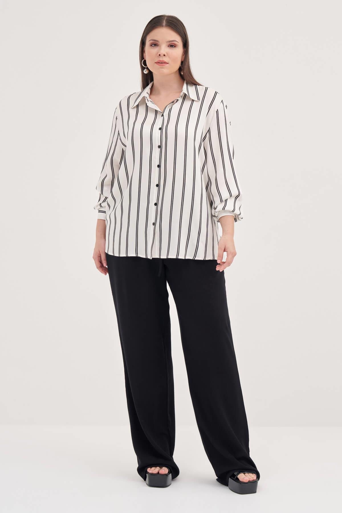 Myline-Çizgili Uzun Kollu Gömlek -Büyük Beden Gömlek-128823