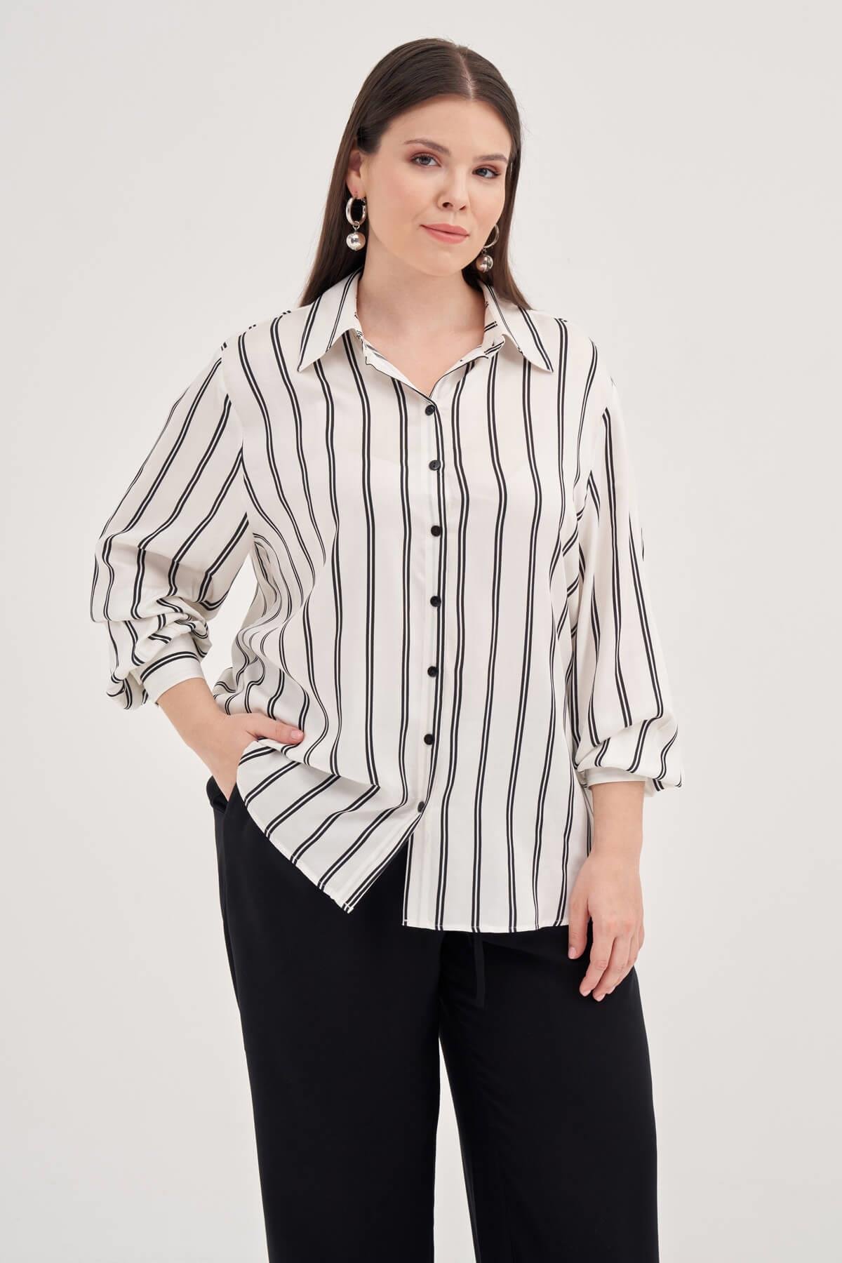 Myline-Çizgili Uzun Kollu Gömlek -Büyük Beden Gömlek-128823