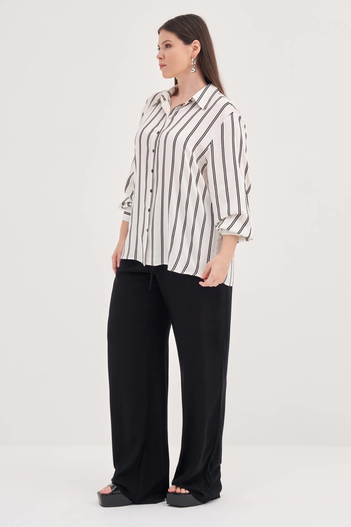 Myline-Çizgili Uzun Kollu Gömlek -Büyük Beden Gömlek-128823