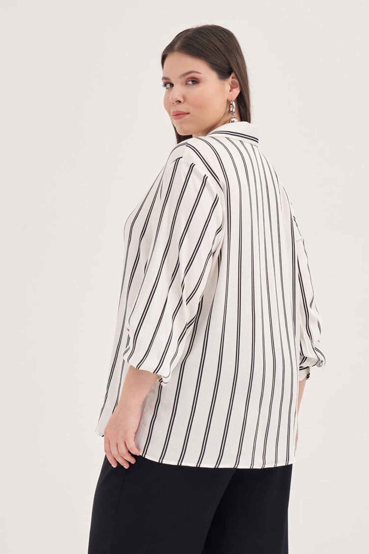 Myline-Çizgili Uzun Kollu Gömlek -Büyük Beden Gömlek-128823