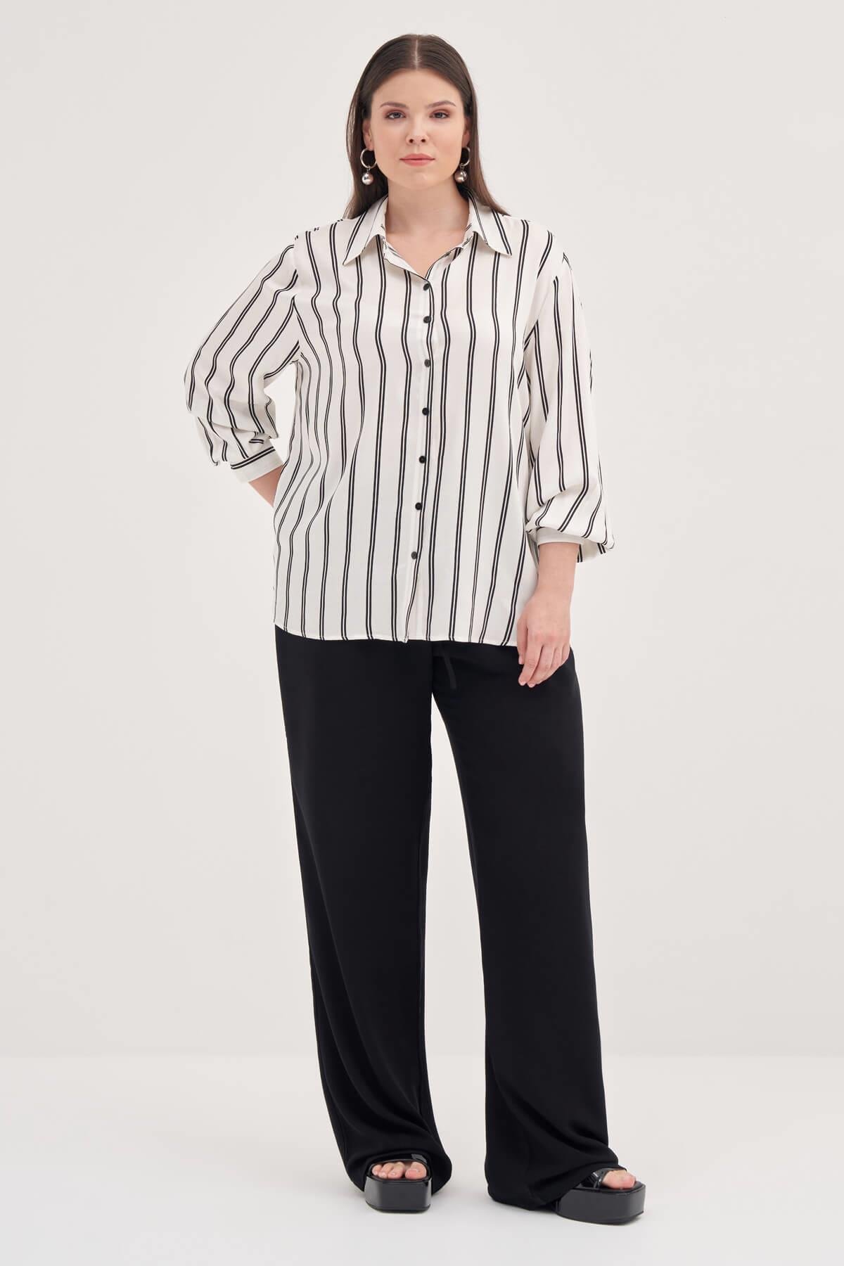 Myline-Çizgili Uzun Kollu Gömlek -Büyük Beden Gömlek-128823