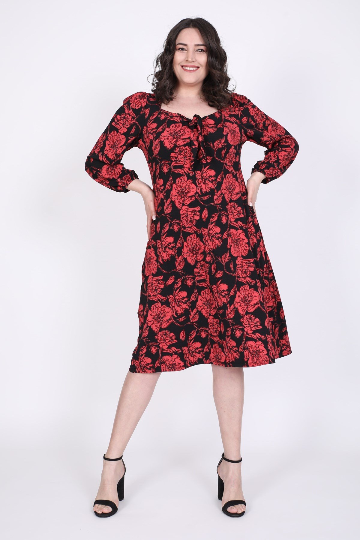 Myline-Damla Yaka Prenses Kol Elbise-Büyük Beden Günlük Elbiseler-35334