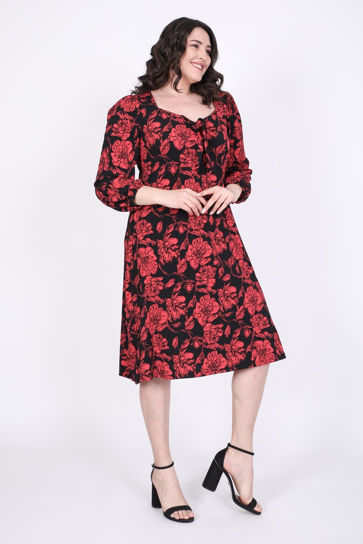 Myline-Damla Yaka Prenses Kol Elbise-Büyük Beden Günlük Elbiseler-35334