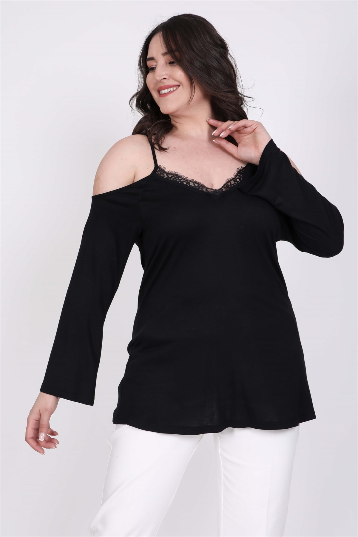 Myline-Dantel Detaylı Çerçeve Kollu Bluz-Büyük Beden Bluz-35214