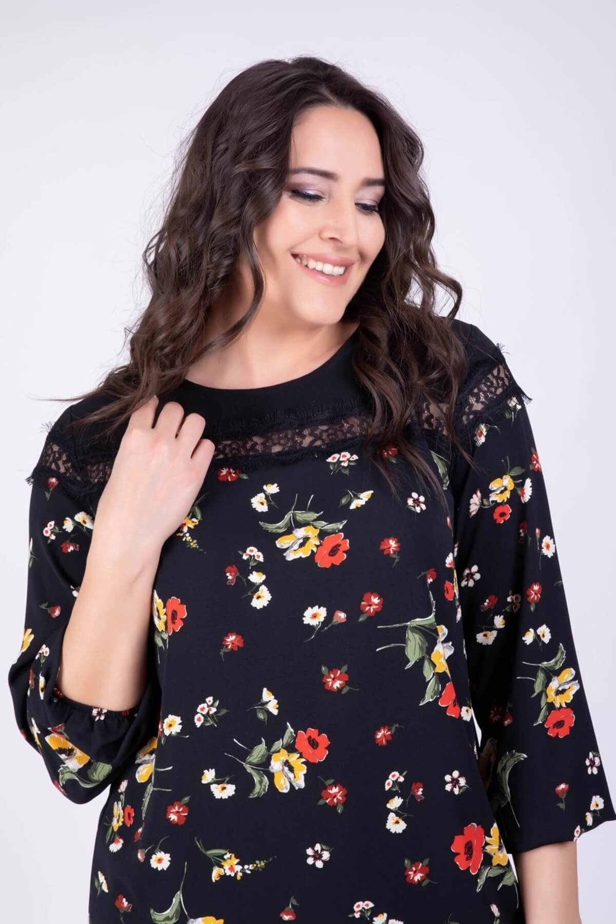 Myline-Dantel Detaylı Çiçekli Bluz-Büyük Beden Bluz-34253