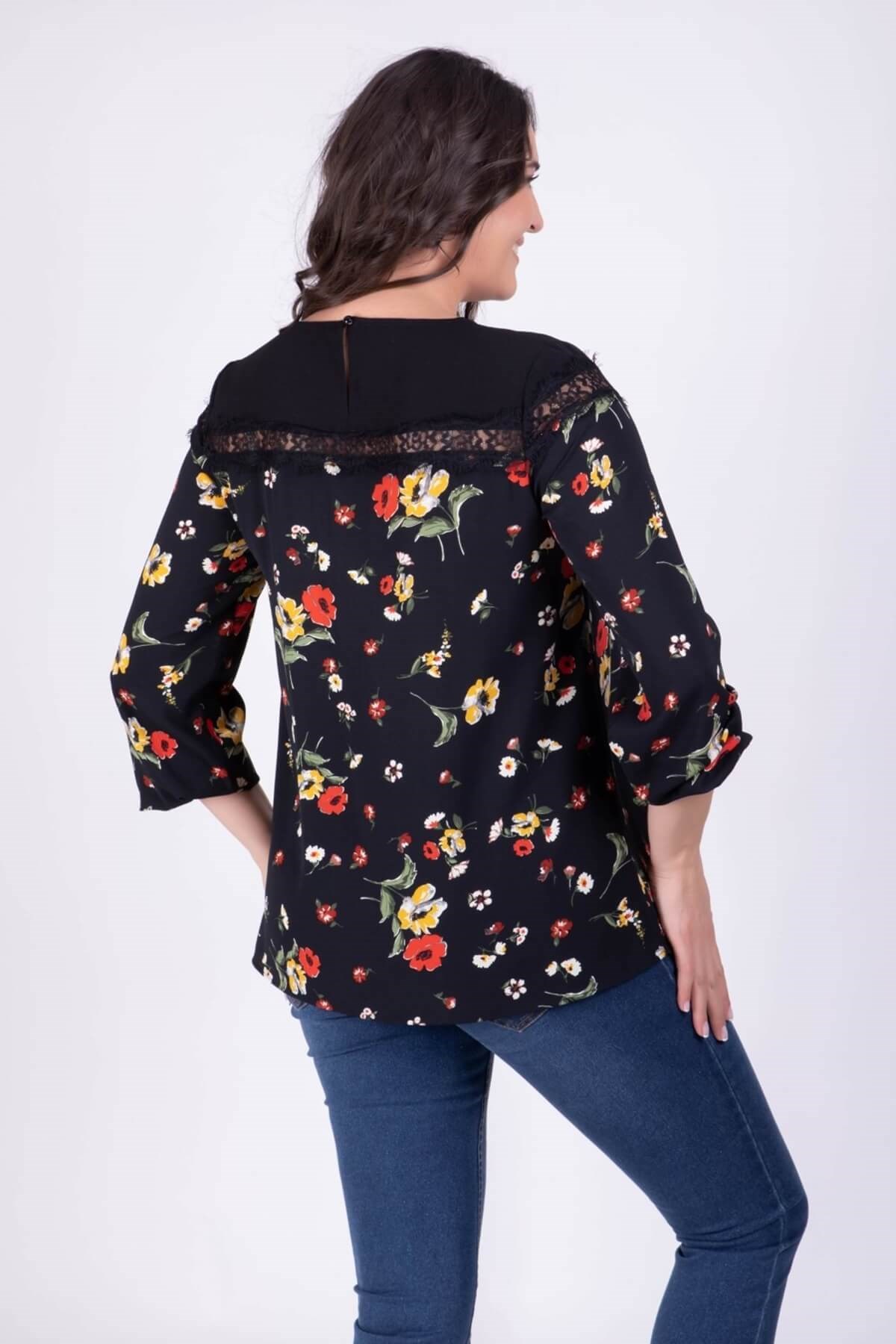 Myline-Dantel Detaylı Çiçekli Bluz-Büyük Beden Bluz-34253