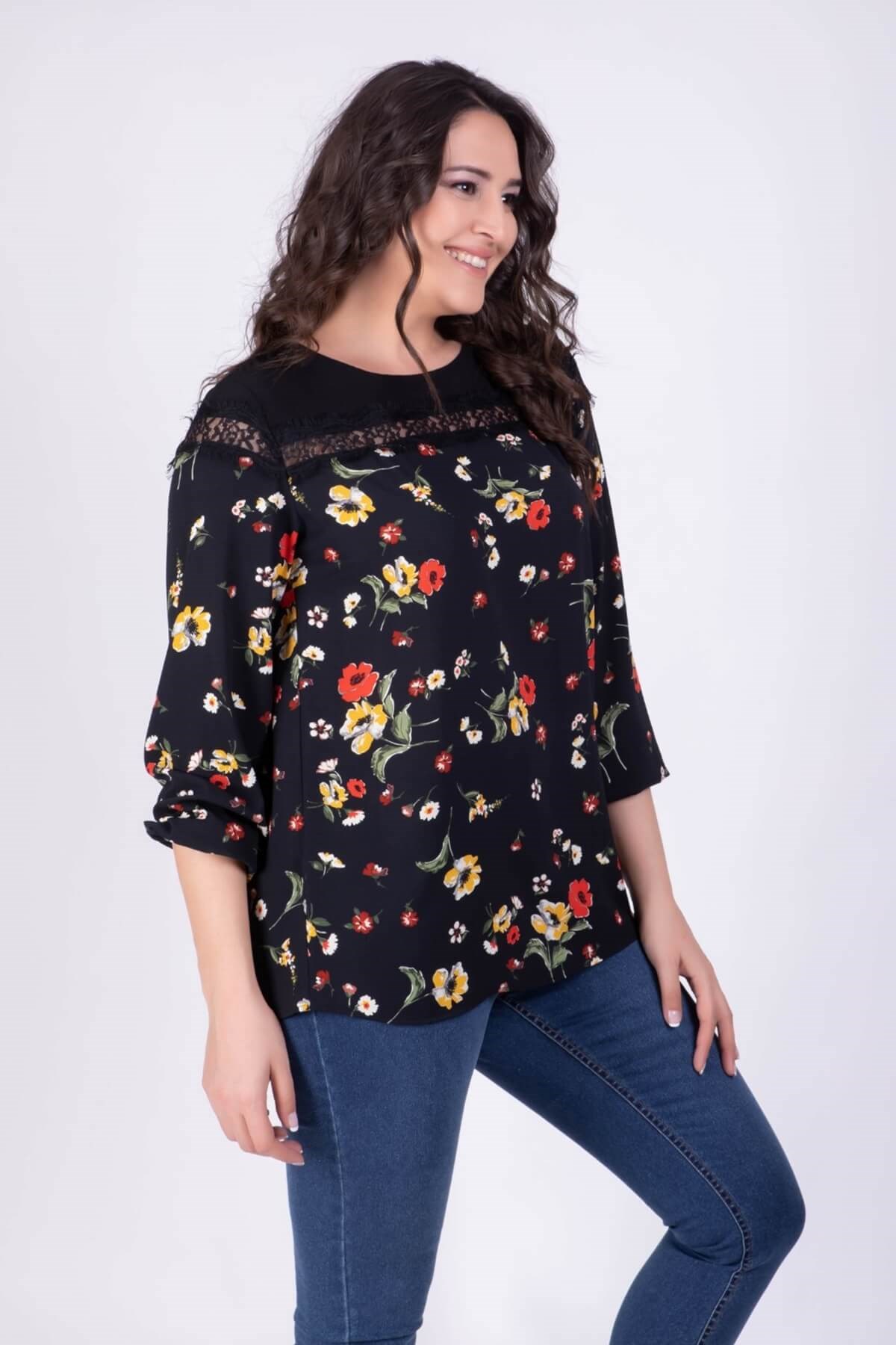 Myline-Dantel Detaylı Çiçekli Bluz-Büyük Beden Bluz-34253