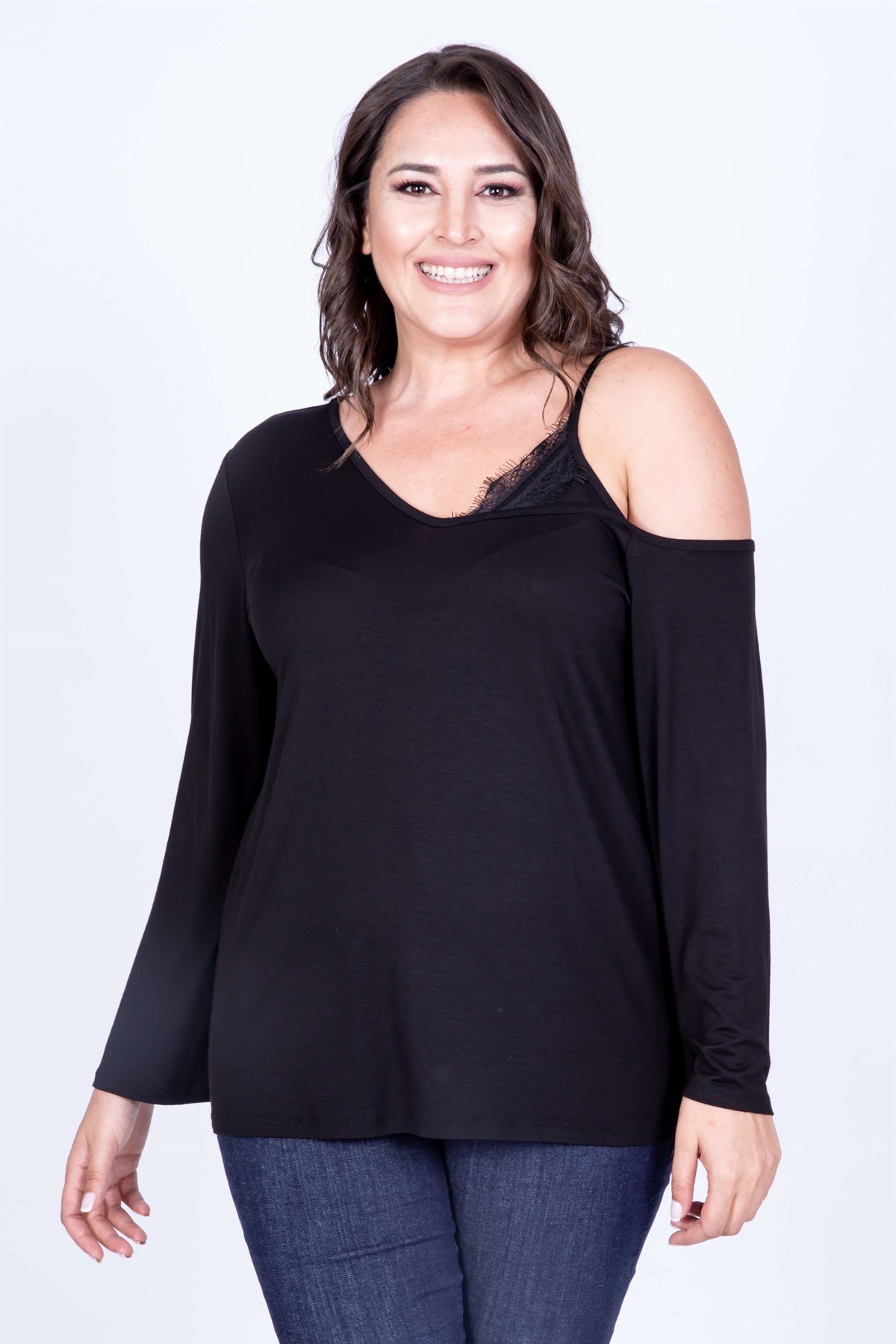 Myline-Dantel Detaylı Tek Omuz Bluz -Büyük Beden Bluz-35057