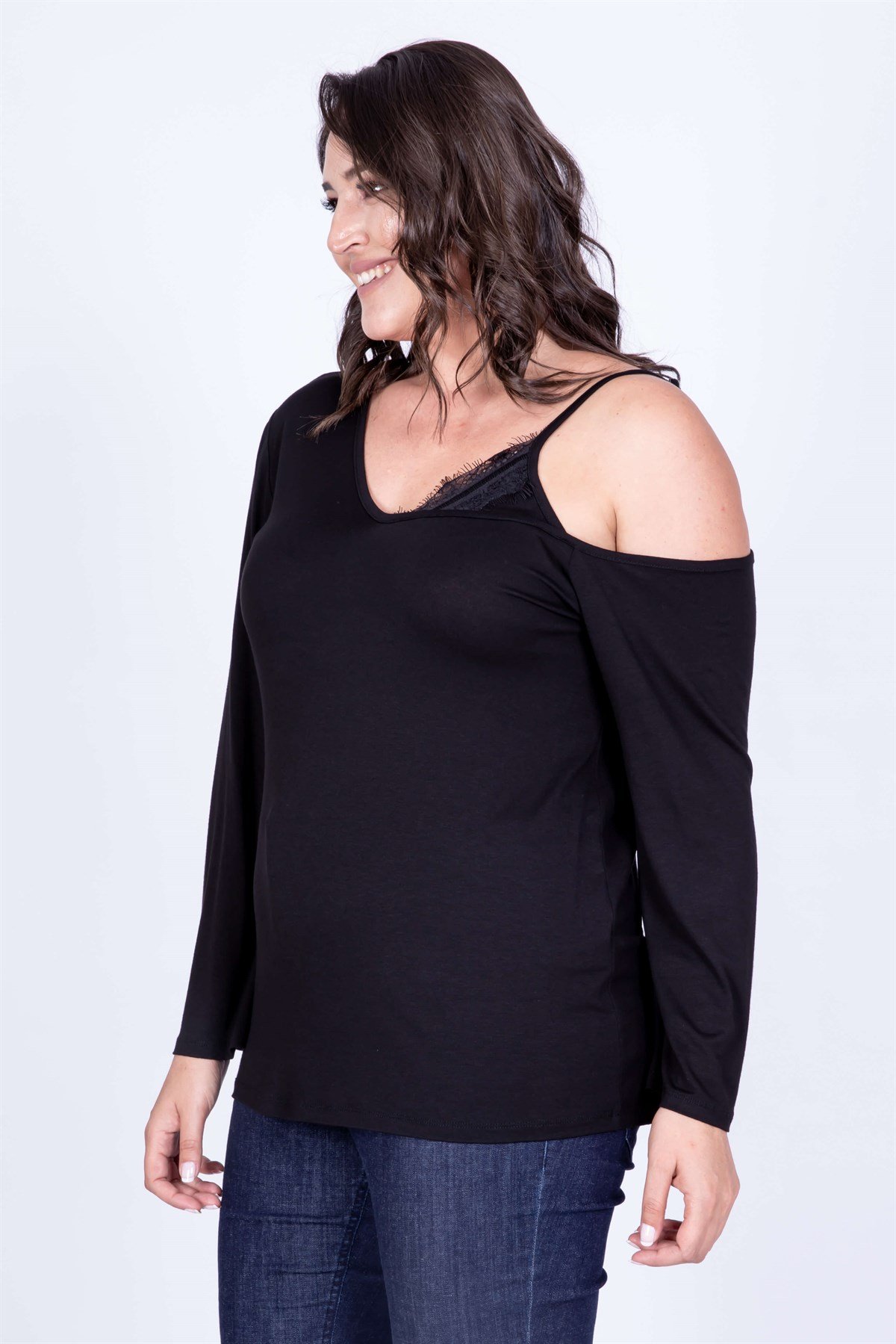 Myline-Dantel Detaylı Tek Omuz Bluz -Büyük Beden Bluz-35057