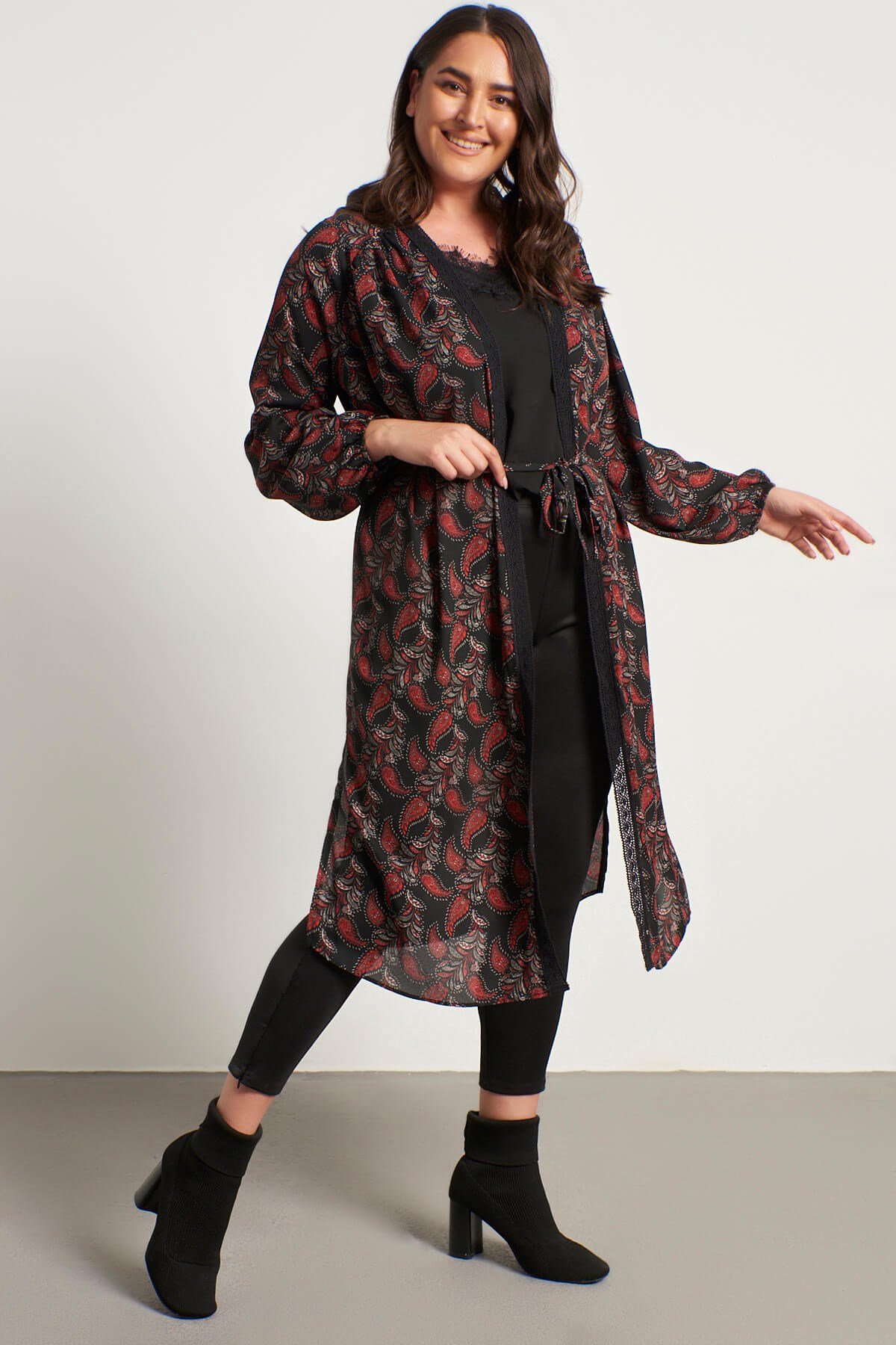 Myline-Dantel Şerit Detay Uzun Kimono-Büyük Beden Hırka-56287