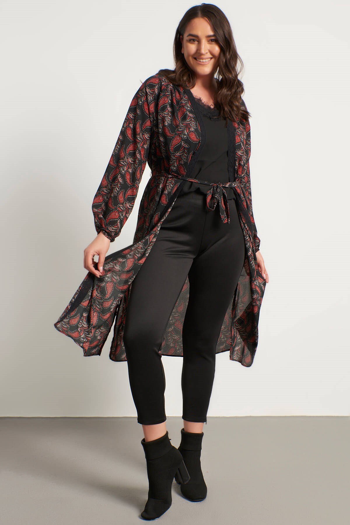 Myline-Dantel Şerit Detay Uzun Kimono-Büyük Beden Hırka-56287