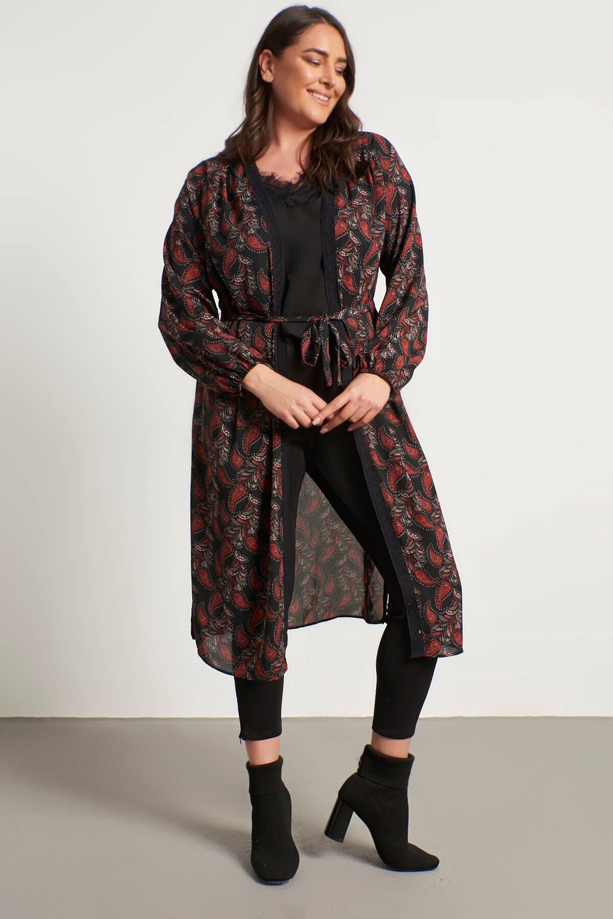Myline-Dantel Şerit Detay Uzun Kimono-Büyük Beden Hırka-56287