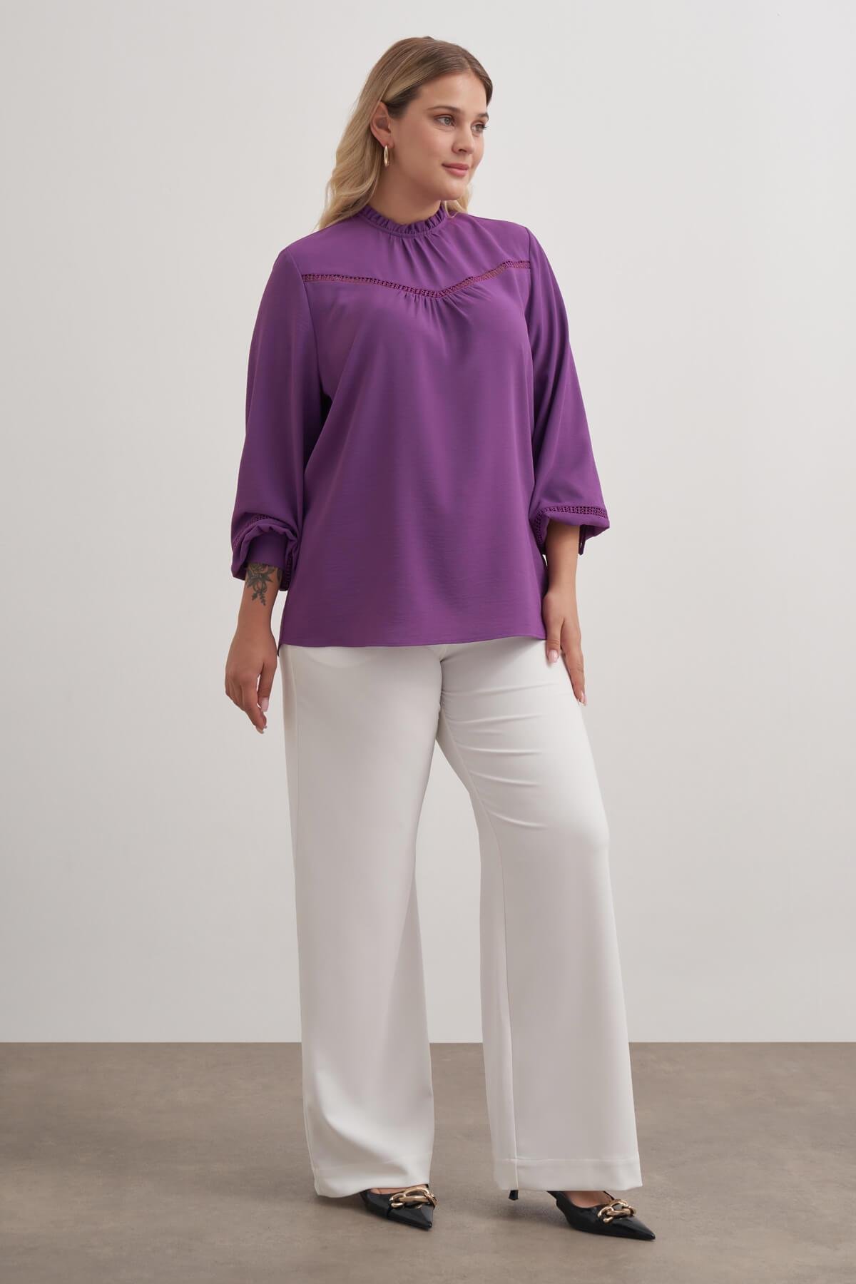 Myline-Dantel Şerit Detaylı Bluz-Büyük Beden Bluz-149512