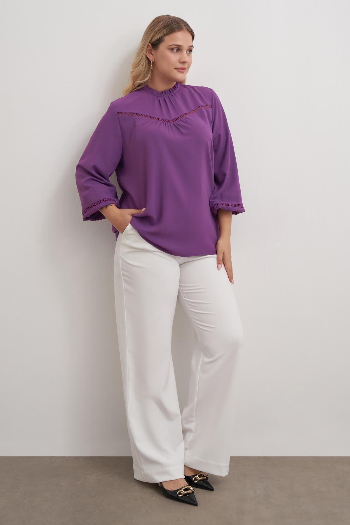 Myline-Dantel Şerit Detaylı Bluz-Büyük Beden Bluz-149512