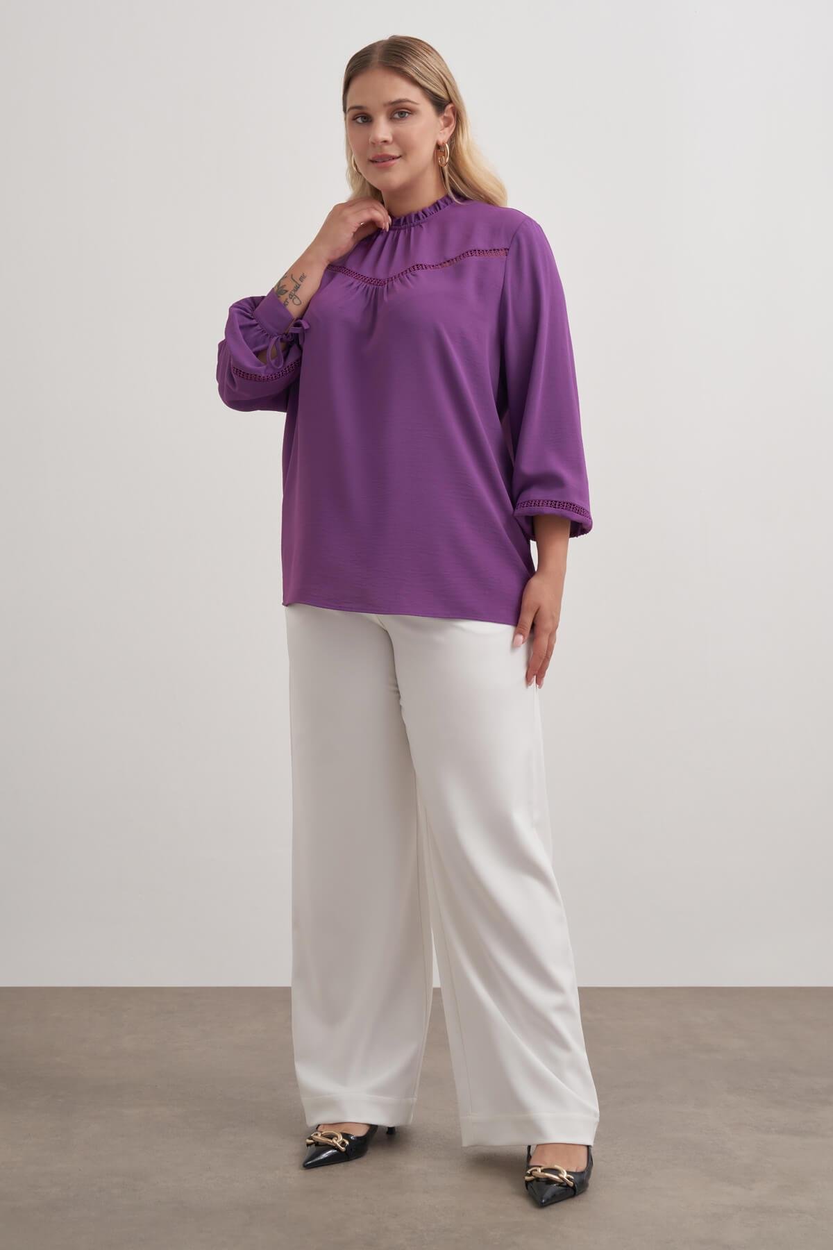 Myline-Dantel Şerit Detaylı Bluz-Büyük Beden Bluz-149512