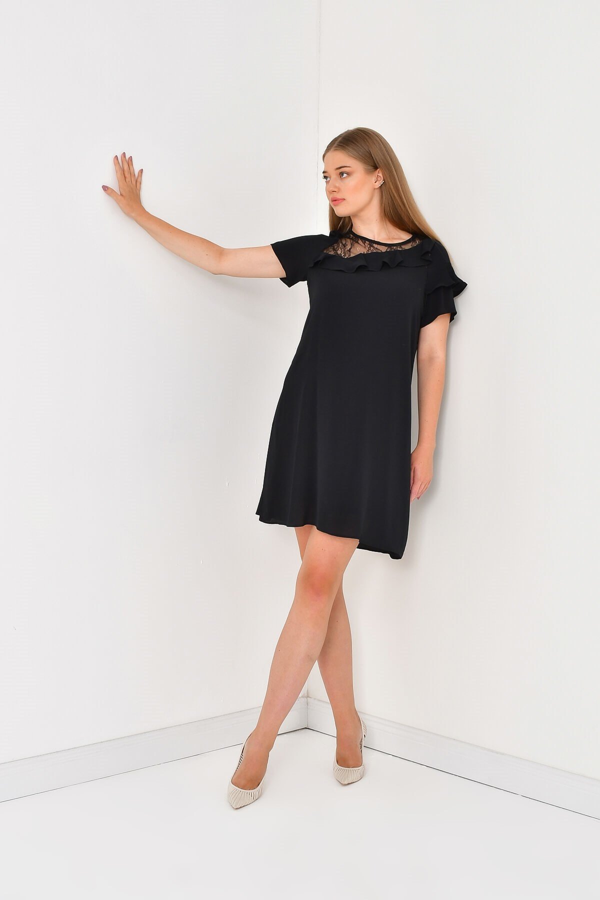 Myline-Dantel Ve Fırfır Detaylı Elbise-Büyük Beden Günlük Elbiseler-23741