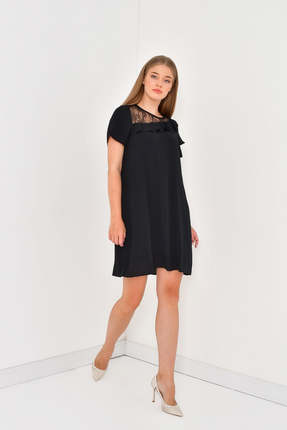 Myline-Dantel Ve Fırfır Detaylı Elbise-Büyük Beden Günlük Elbiseler-23741