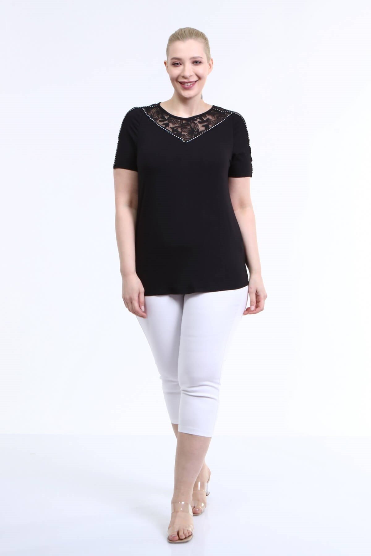 Myline-Dantel ve Pul Detaylı Bluz-Büyük Beden Bluz-45993