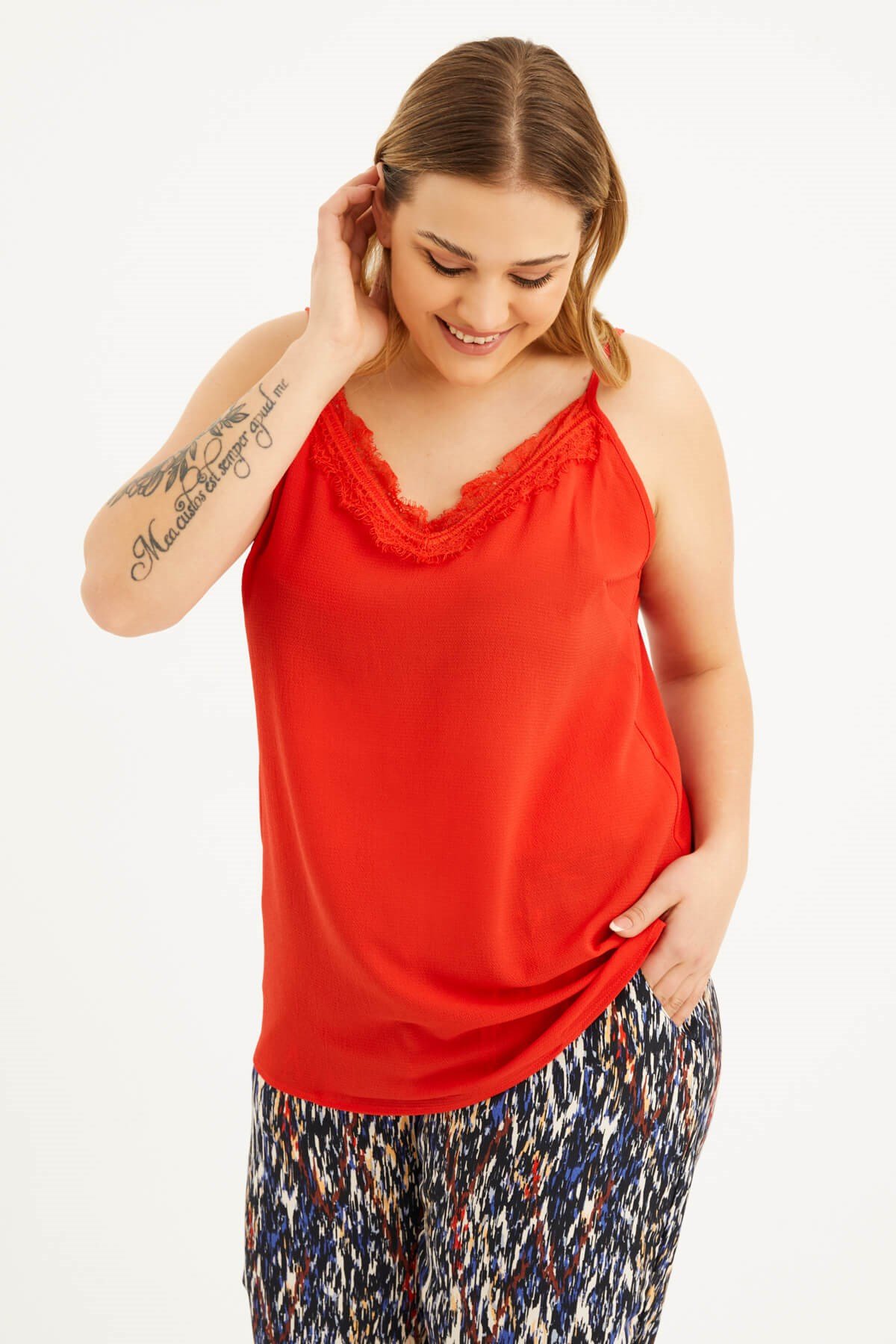 Myline-Dantelli İp Askılı Bluz-Büyük Beden Bluz-66838