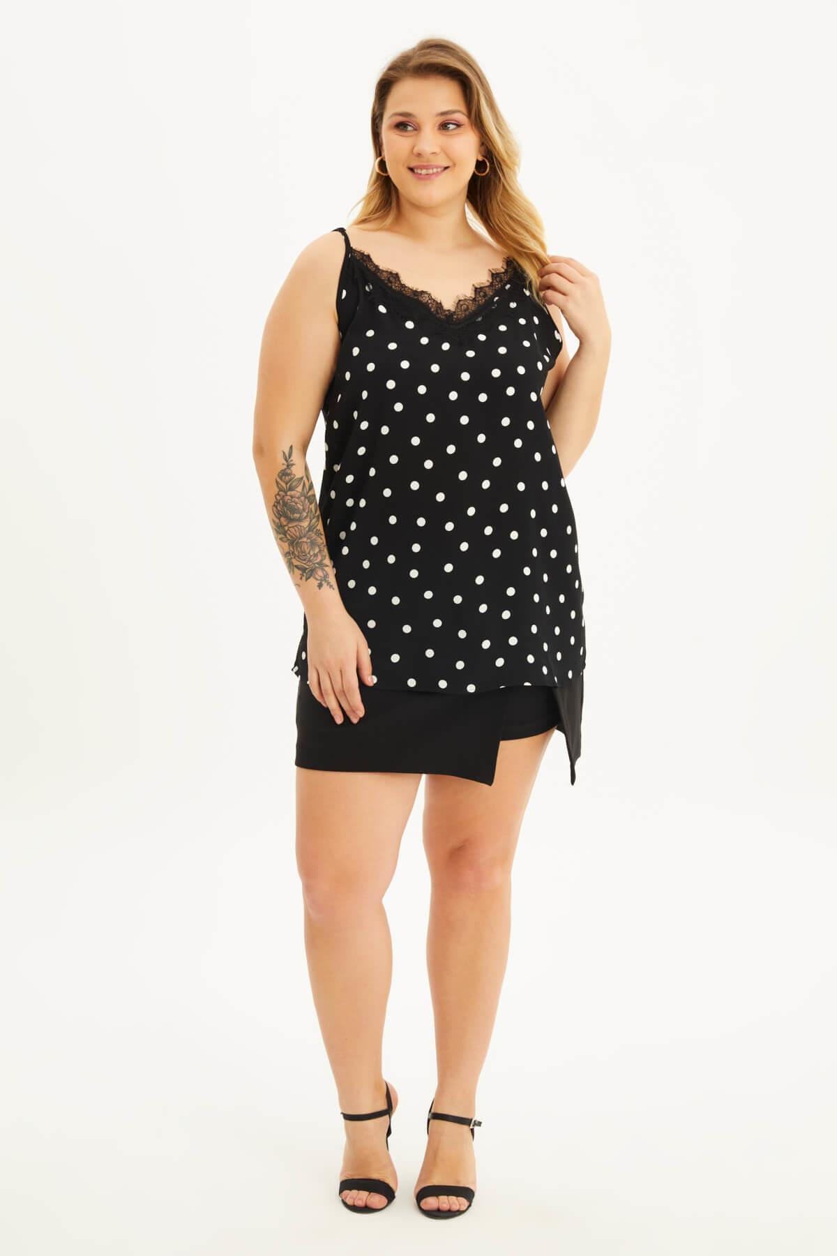 Myline-Dantelli İp Askılı Puantiyeli Bluz-Büyük Beden Bluz-88303