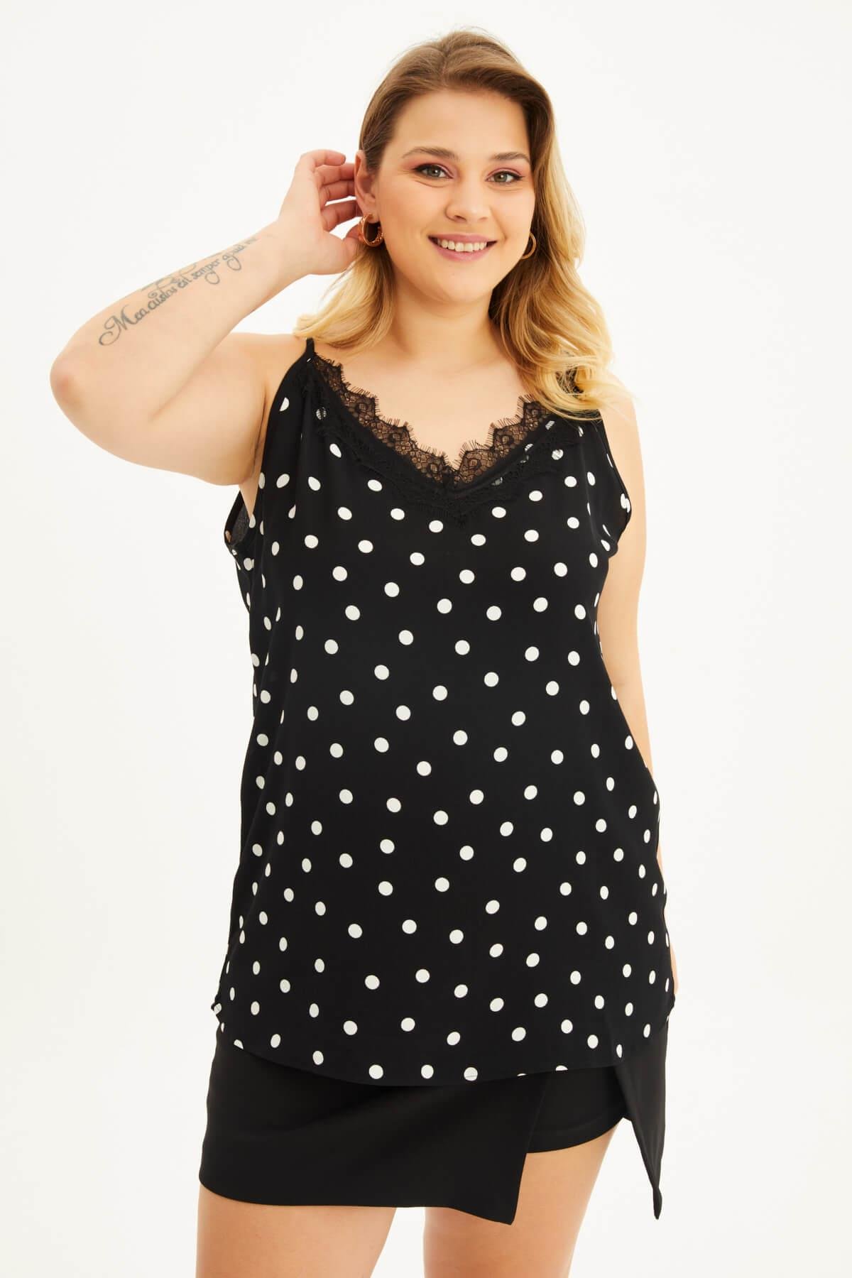 Myline-Dantelli İp Askılı Puantiyeli Bluz-Büyük Beden Bluz-88303