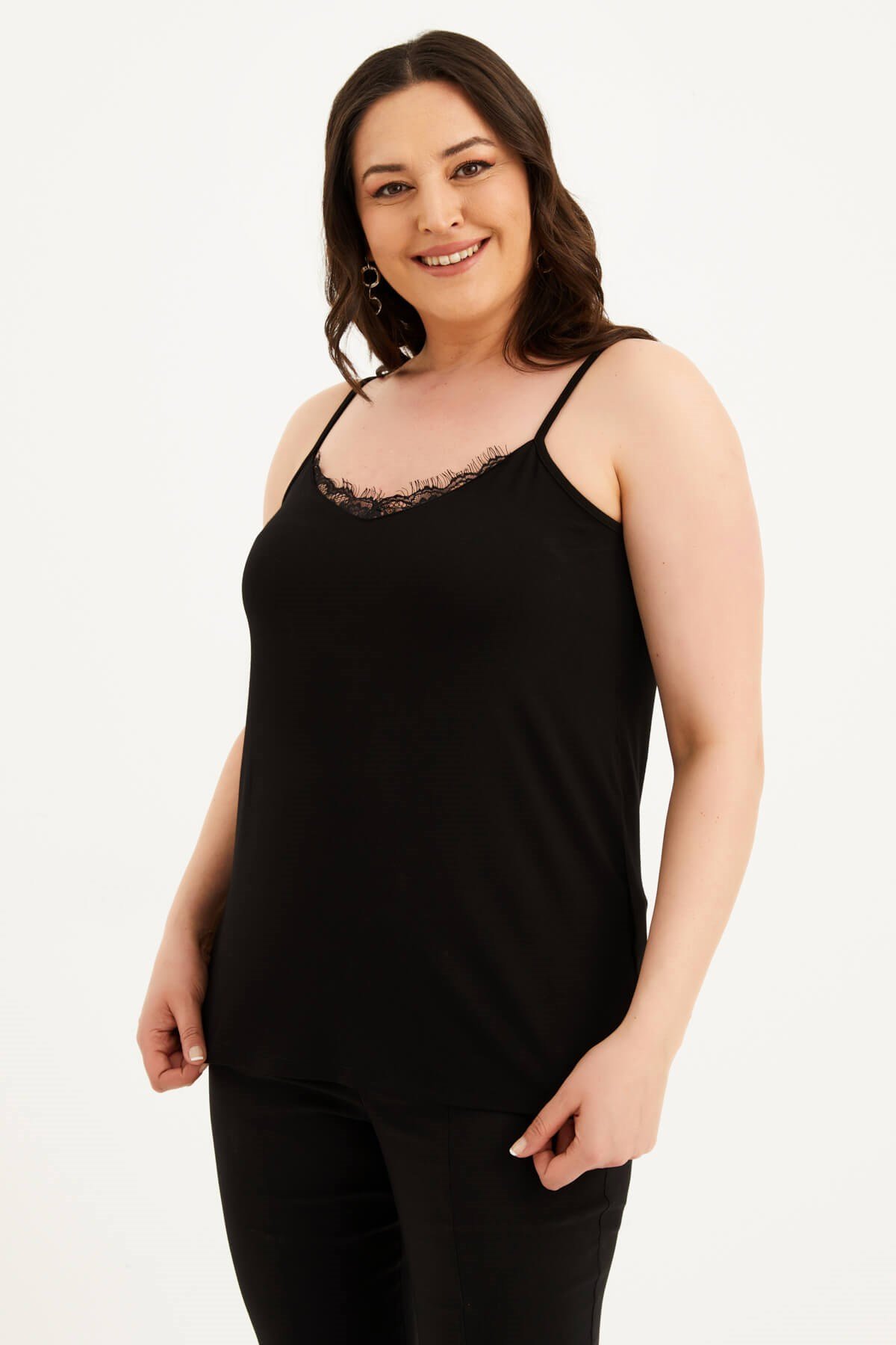 Myline-Dantelli İp Askılı Top-Büyük Beden Tişört-77480