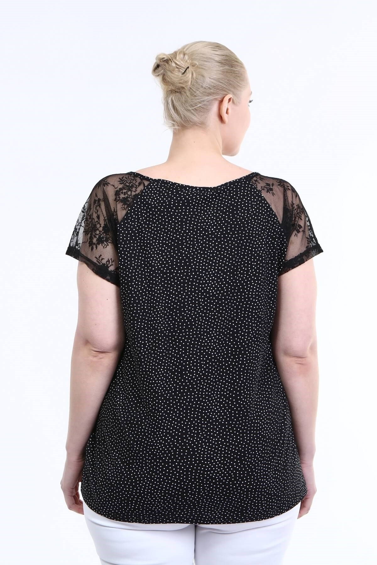 Myline-Dantelli Kısa Kol Tişört-Büyük Beden Tişört-12423-m