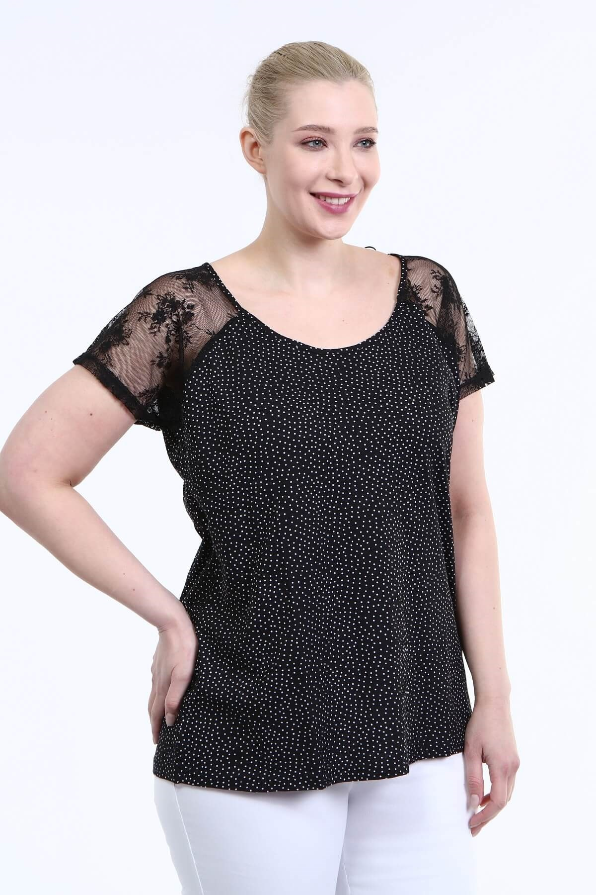 Myline-Dantelli Kısa Kol Tişört-Büyük Beden Tişört-12423-m