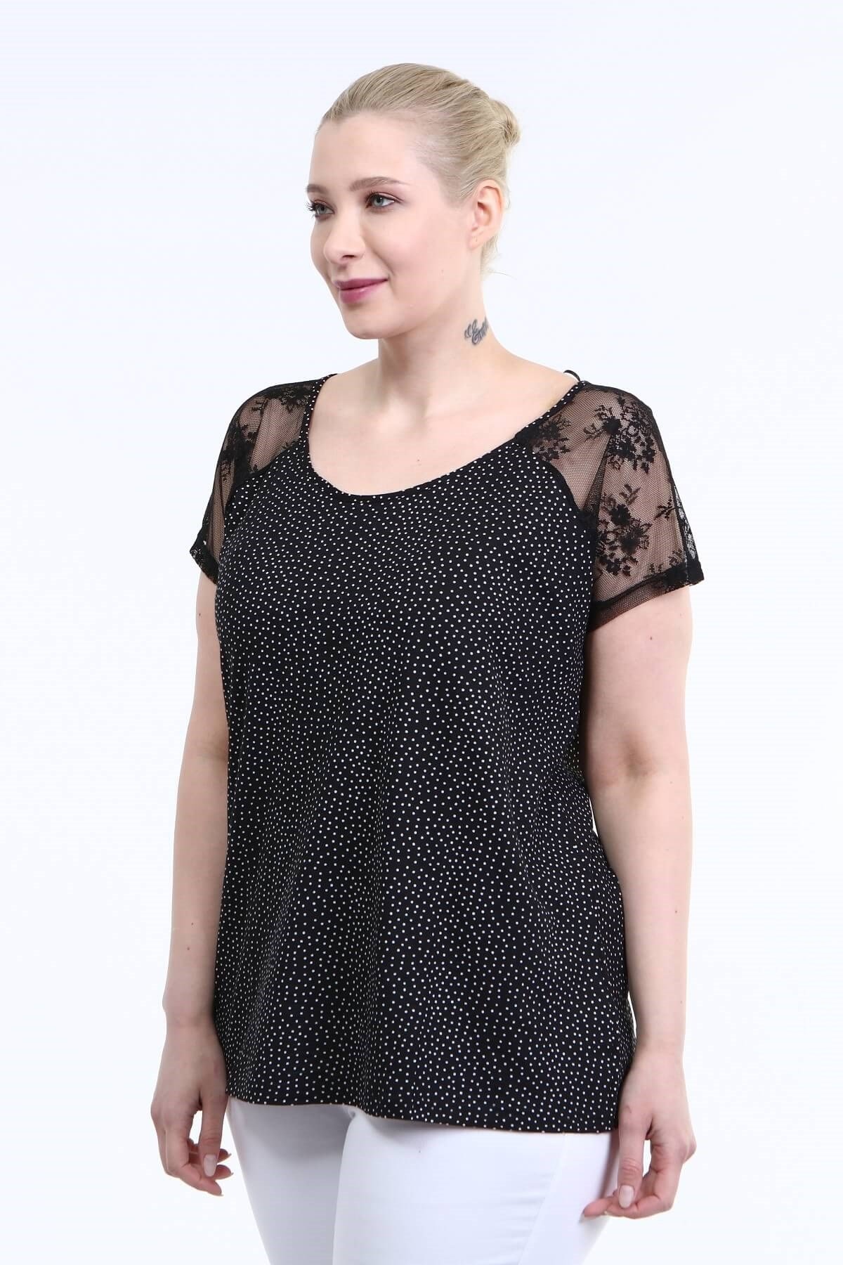 Myline-Dantelli Kısa Kol Tişört-Büyük Beden Tişört-12423-m