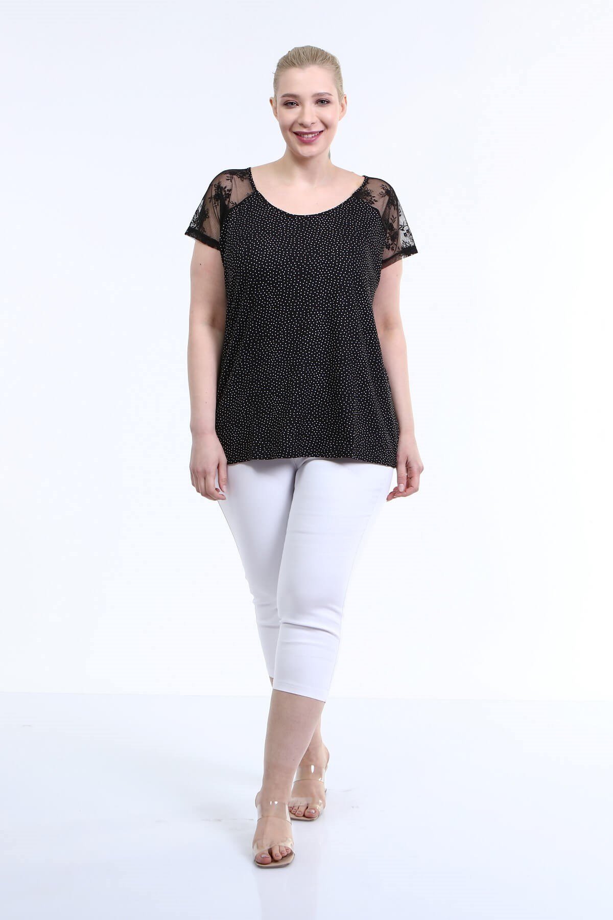 Myline-Dantelli Kısa Kol Tişört-Büyük Beden Tişört-12423-m