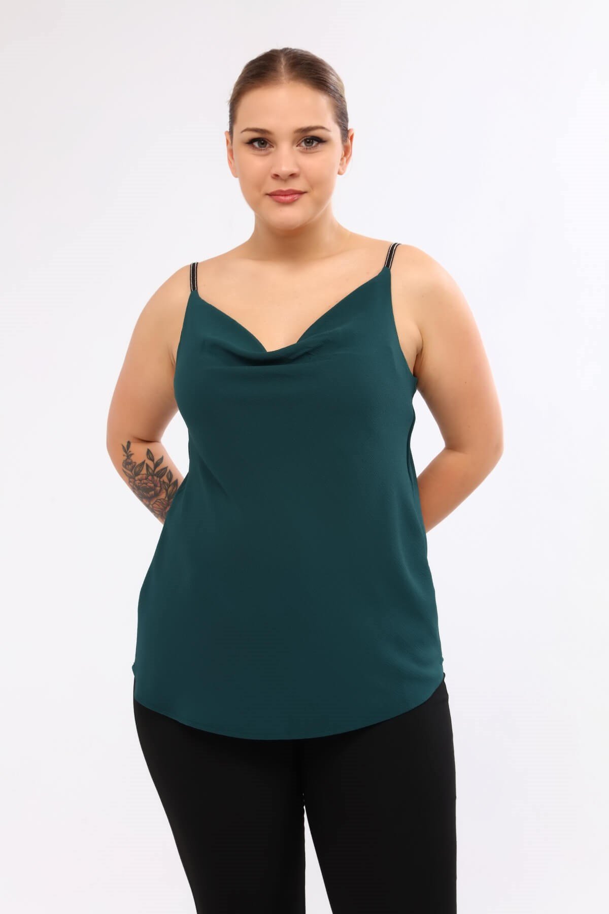 Myline-Degaje Yaka İp Askılı Bluz-Büyük Beden Bluz-66615