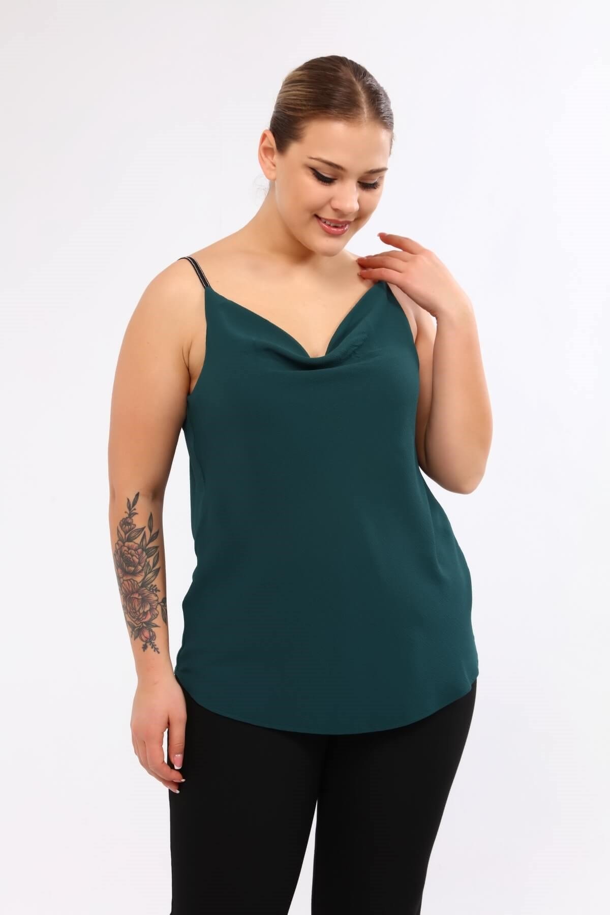 Myline-Degaje Yaka İp Askılı Bluz-Büyük Beden Bluz-66615